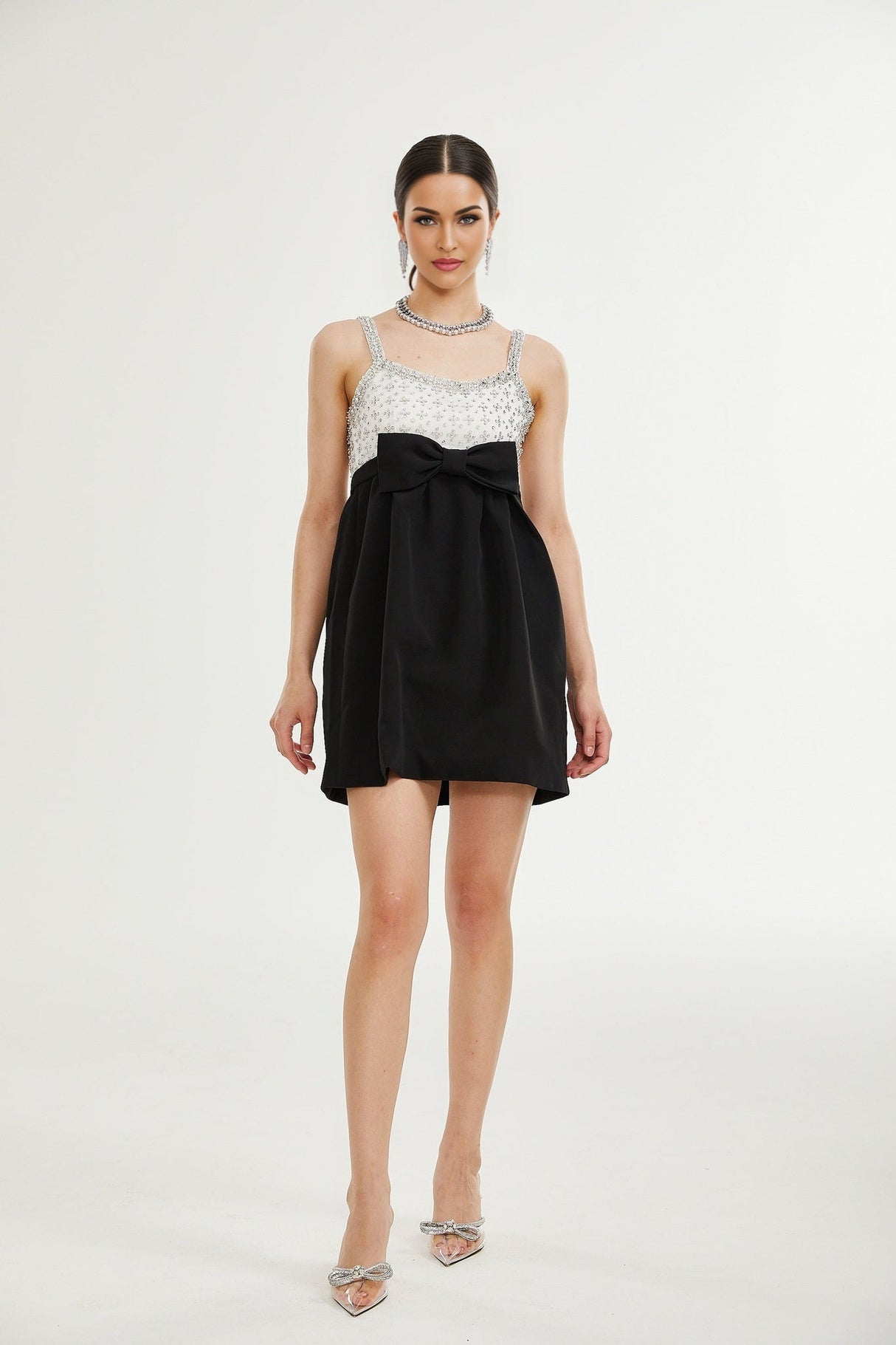 Ermione Mini Dress - Sleeveless Spaghetti Strap Crystal Embellished Bow Detailing Zip Fastening