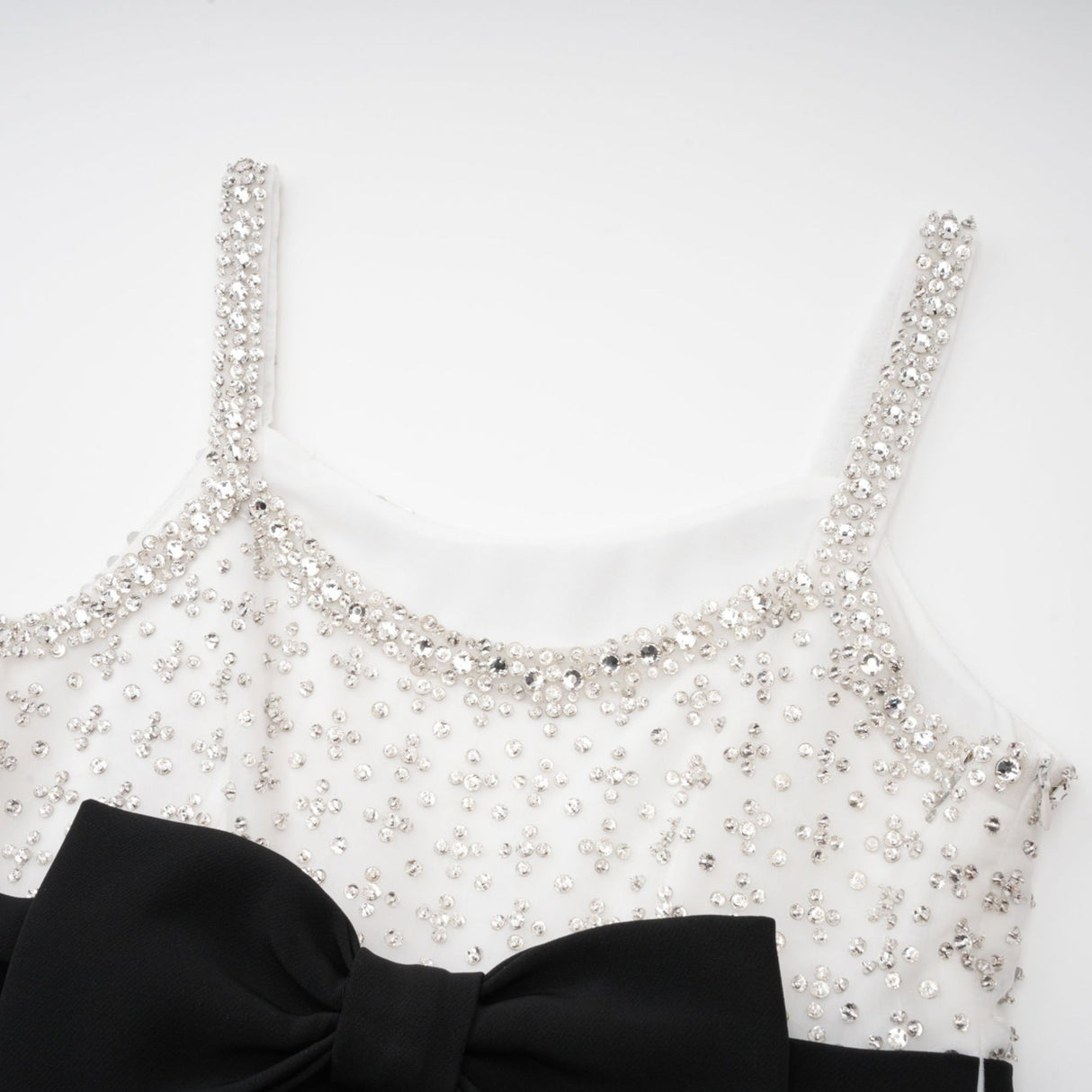 Ermione Mini Dress - Sleeveless Spaghetti Strap Crystal Embellished Bow Detailing Zip Fastening