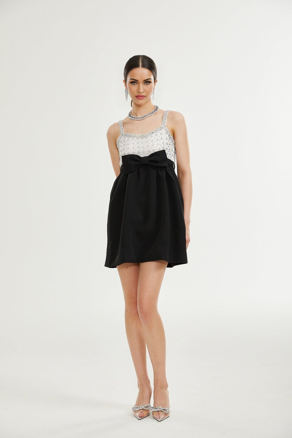 Ermione Mini Dress - Sleeveless Spaghetti Strap Crystal Embellished Bow Detailing Zip Fastening