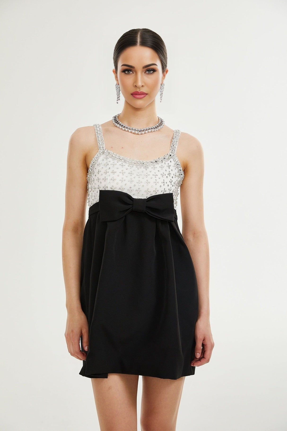 Ermione Mini Dress - Sleeveless Spaghetti Strap Crystal Embellished Bow Detailing Zip Fastening