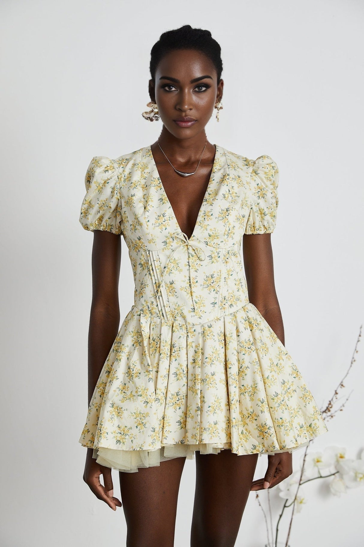 Ermione Mini Dress - V - neck Floral Cinched Waist Pleated Layers Zip Closure Chic Mini Length