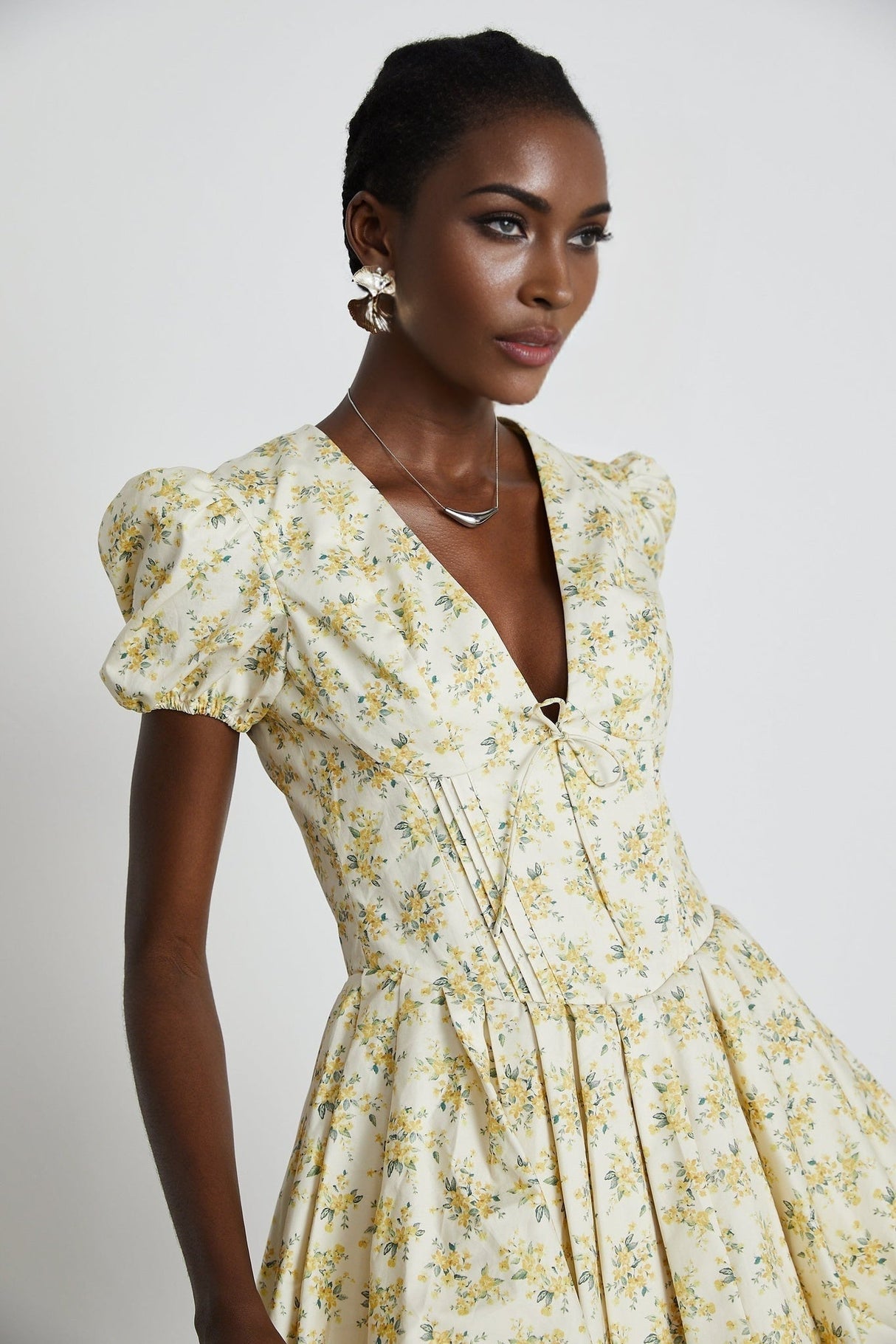 Ermione Mini Dress - V - neck Floral Cinched Waist Pleated Layers Zip Closure Chic Mini Length