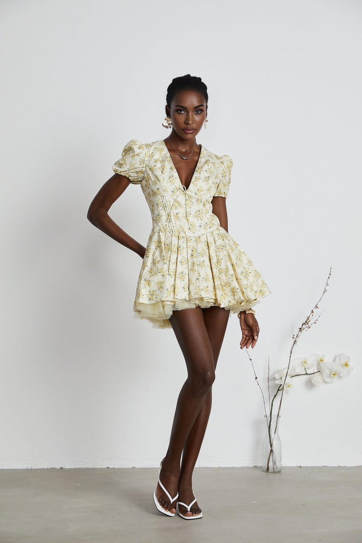 Ermione Mini Dress - V - neck Floral Cinched Waist Pleated Layers Zip Closure Chic Mini Length