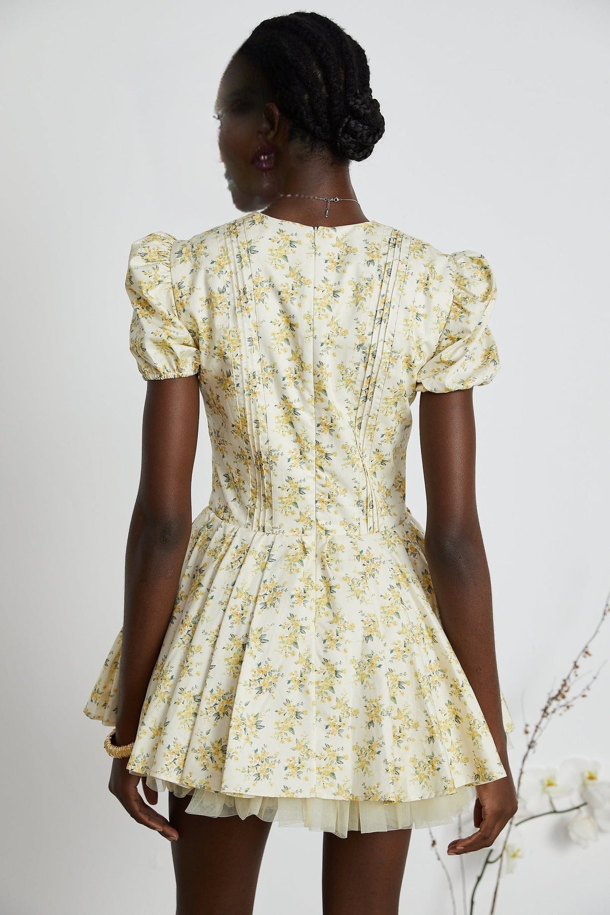 Ermione Mini Dress - V - neck Floral Cinched Waist Pleated Layers Zip Closure Chic Mini Length