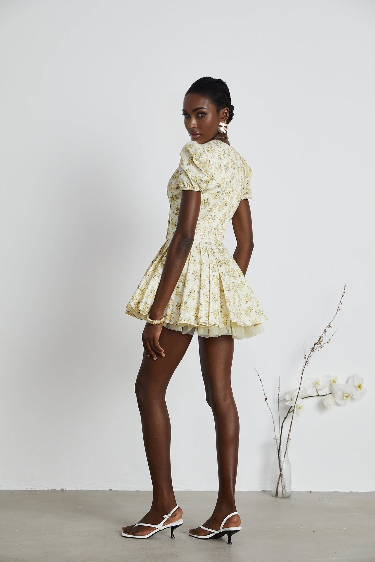 Ermione Mini Dress - V - neck Floral Cinched Waist Pleated Layers Zip Closure Chic Mini Length