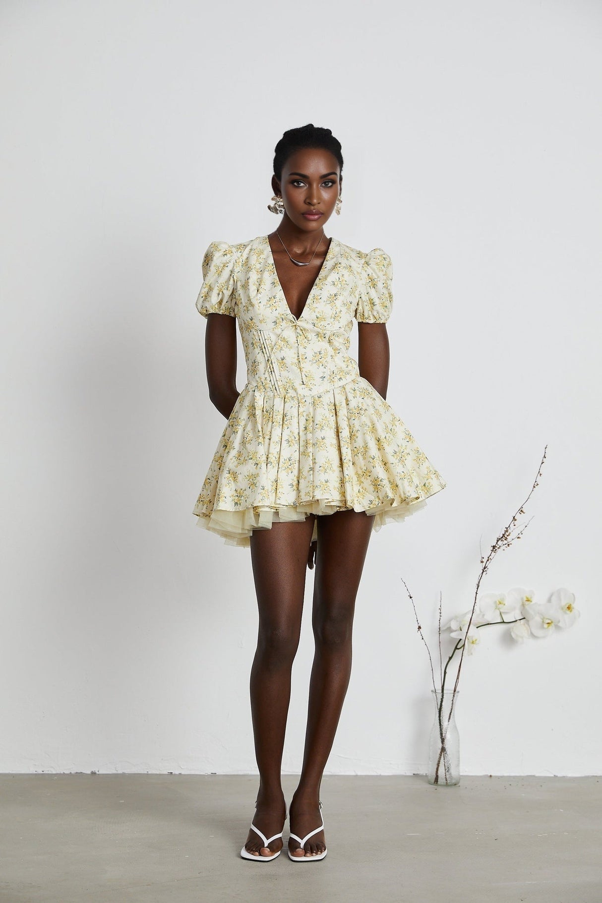 Ermione Mini Dress - V - neck Floral Cinched Waist Pleated Layers Zip Closure Chic Mini Length