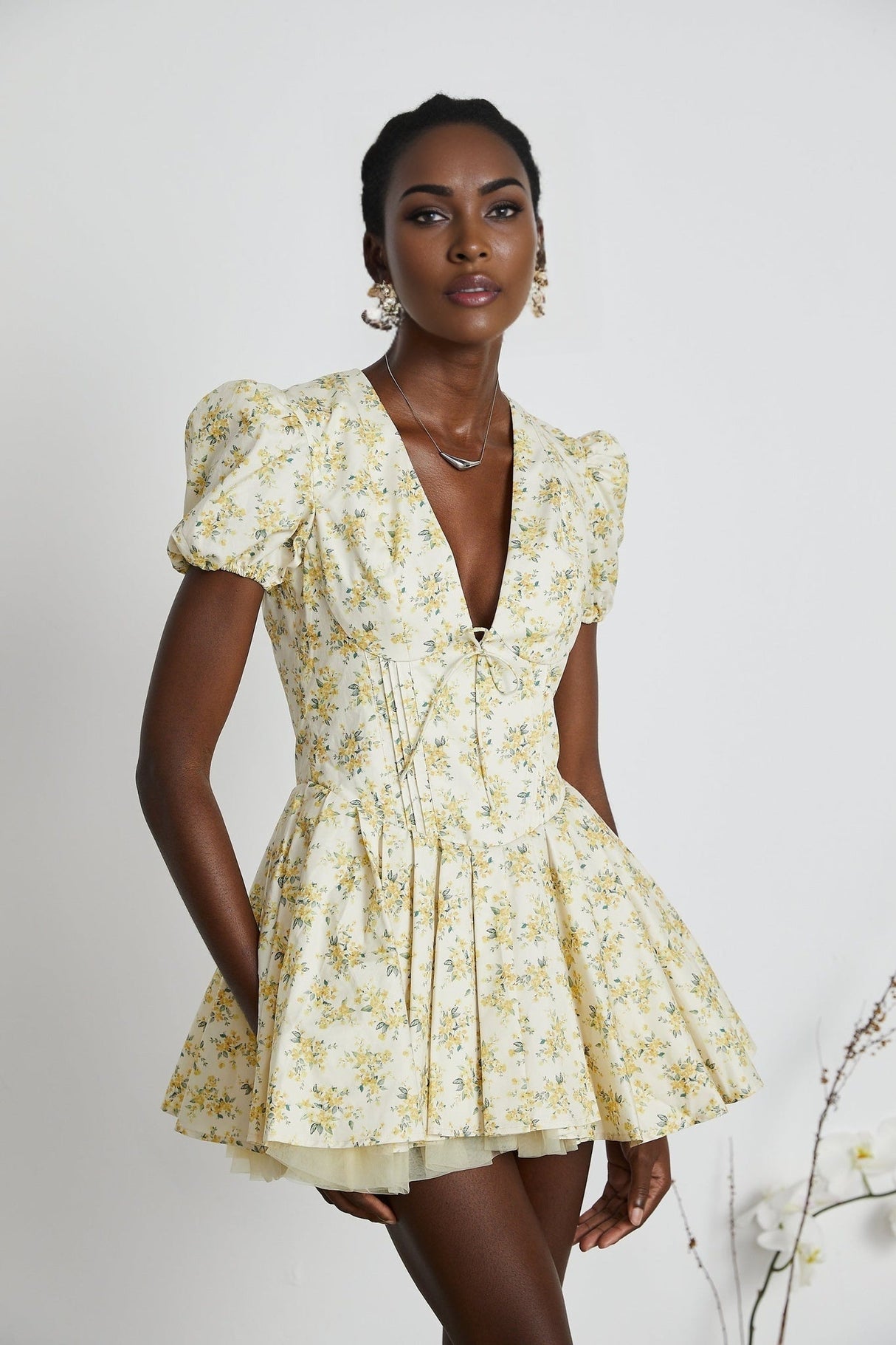 Ermione Mini Dress - V - neck Floral Cinched Waist Pleated Layers Zip Closure Chic Mini Length