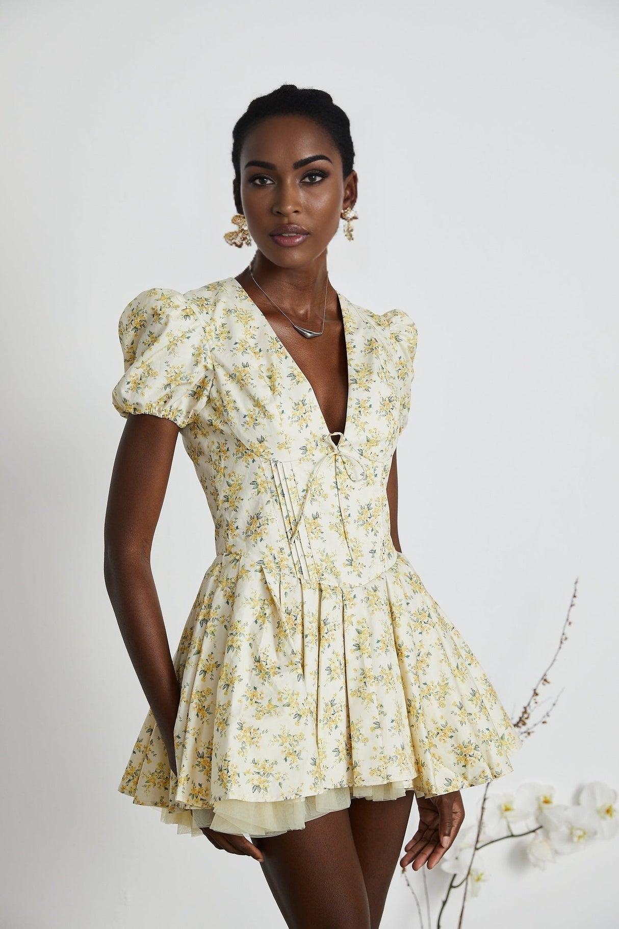 Ermione Mini Dress - V - neck Floral Cinched Waist Pleated Layers Zip Closure Chic Mini Length