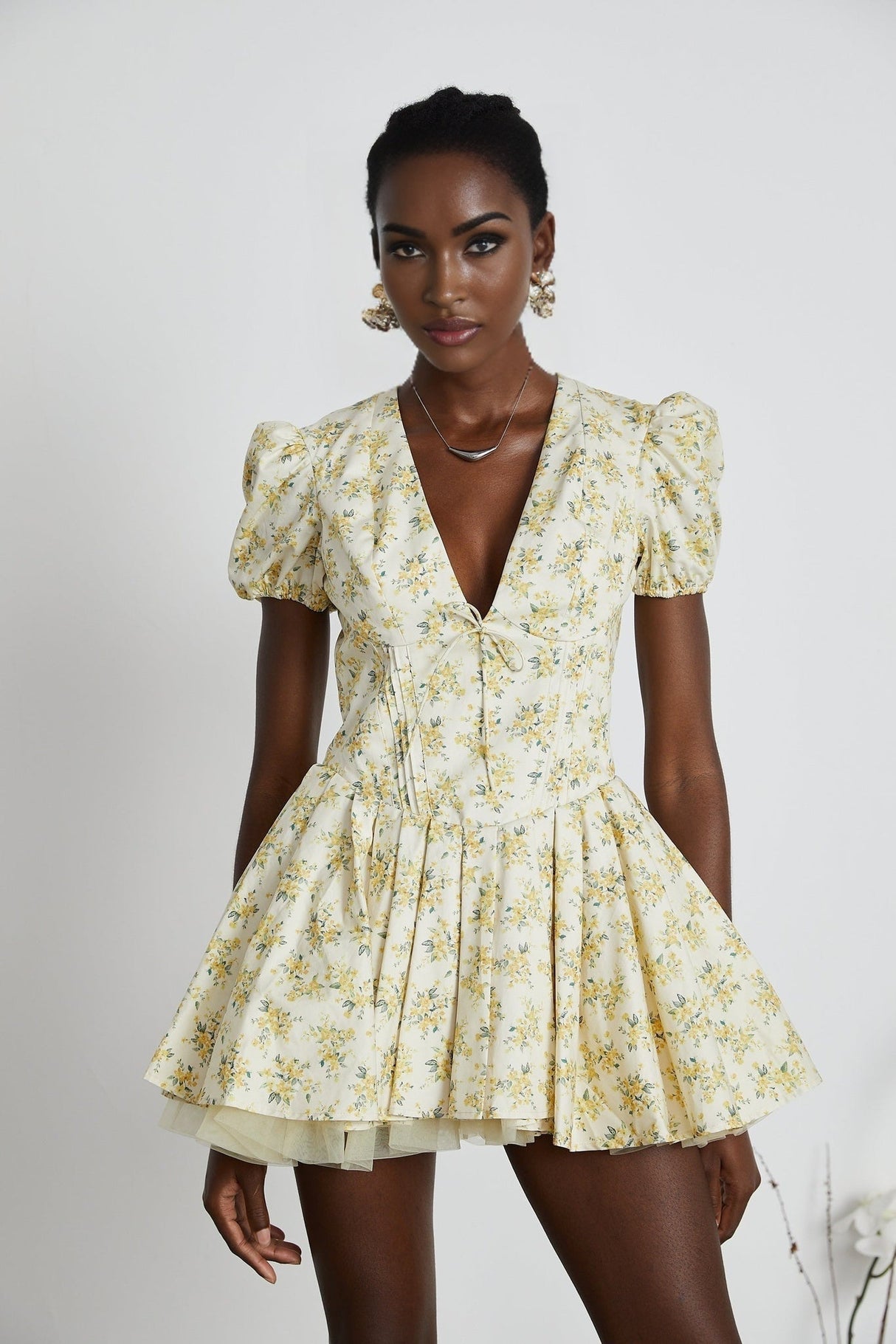 Ermione Mini Dress - V - neck Floral Cinched Waist Pleated Layers Zip Closure Chic Mini Length