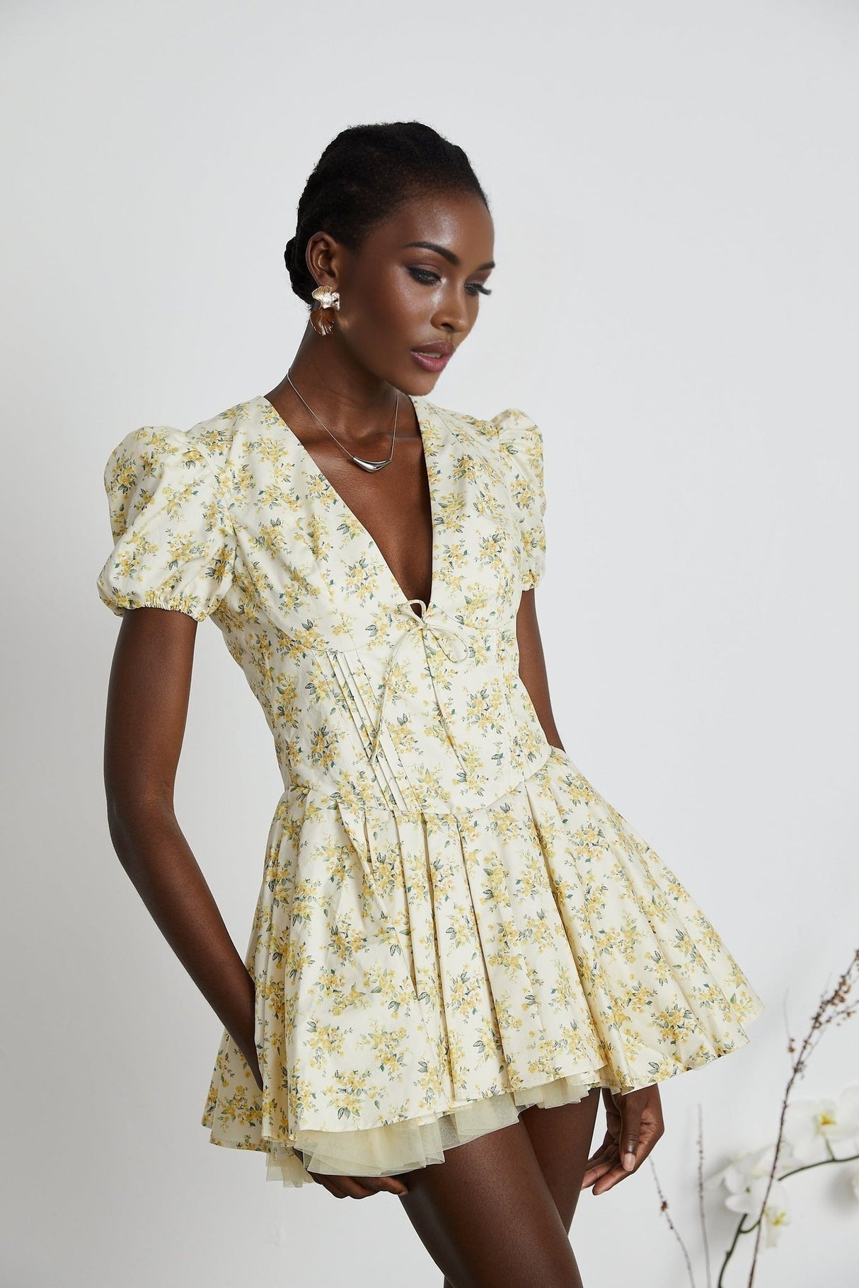 Ermione Mini Dress - V - neck Floral Cinched Waist Pleated Layers Zip Closure Chic Mini Length