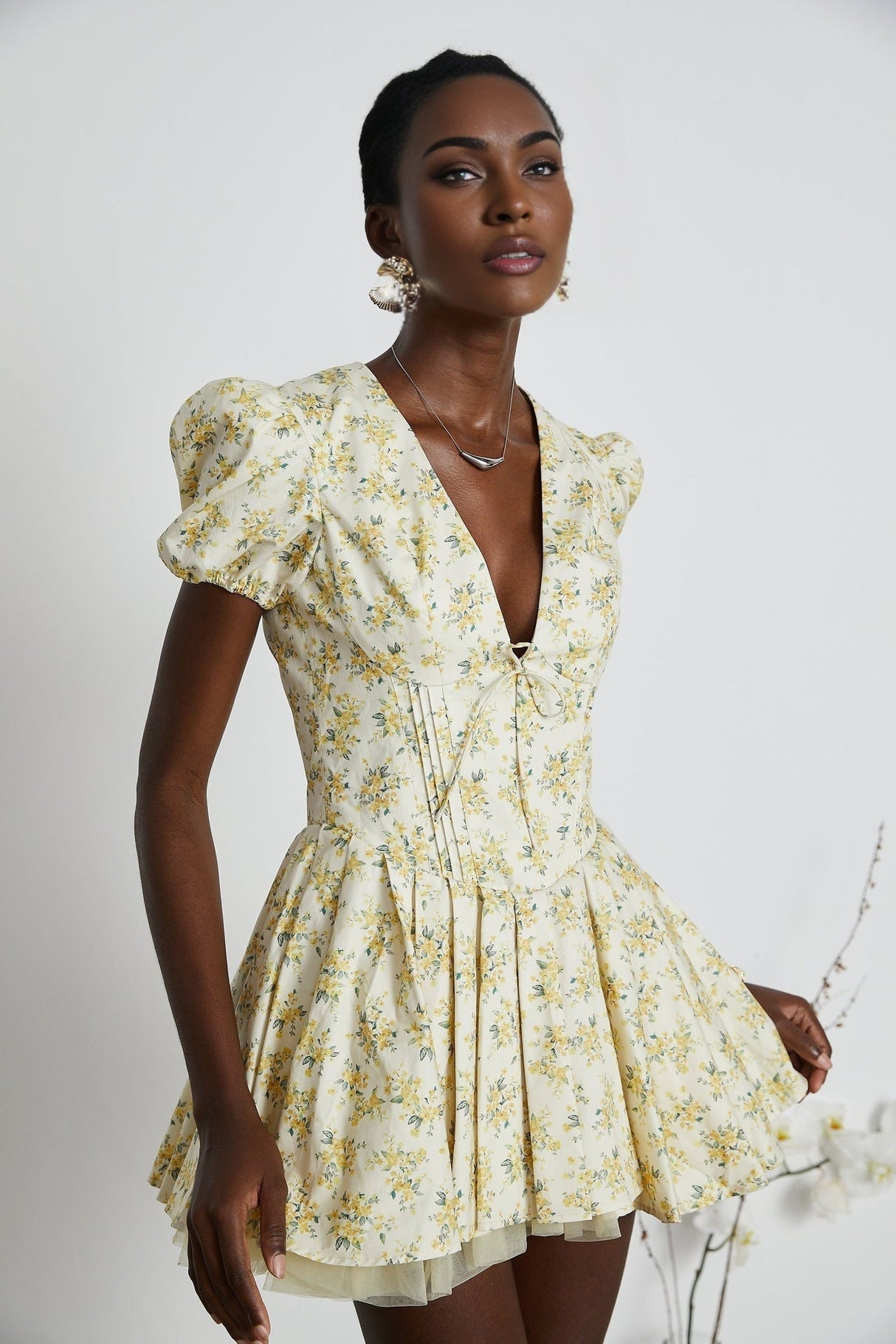 Ermione Mini Dress - V - neck Floral Cinched Waist Pleated Layers Zip Closure Chic Mini Length