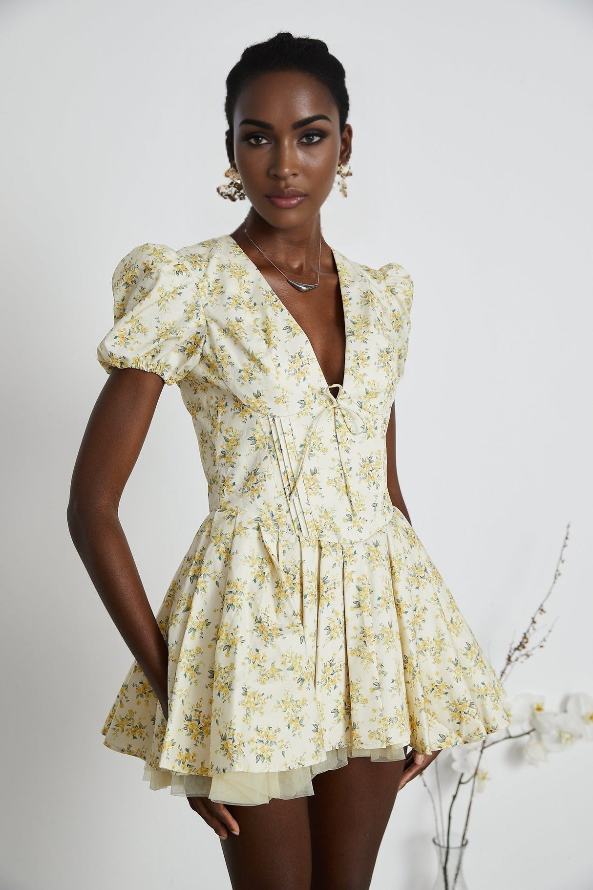 Ermione Mini Dress - V - neck Floral Cinched Waist Pleated Layers Zip Closure Chic Mini Length