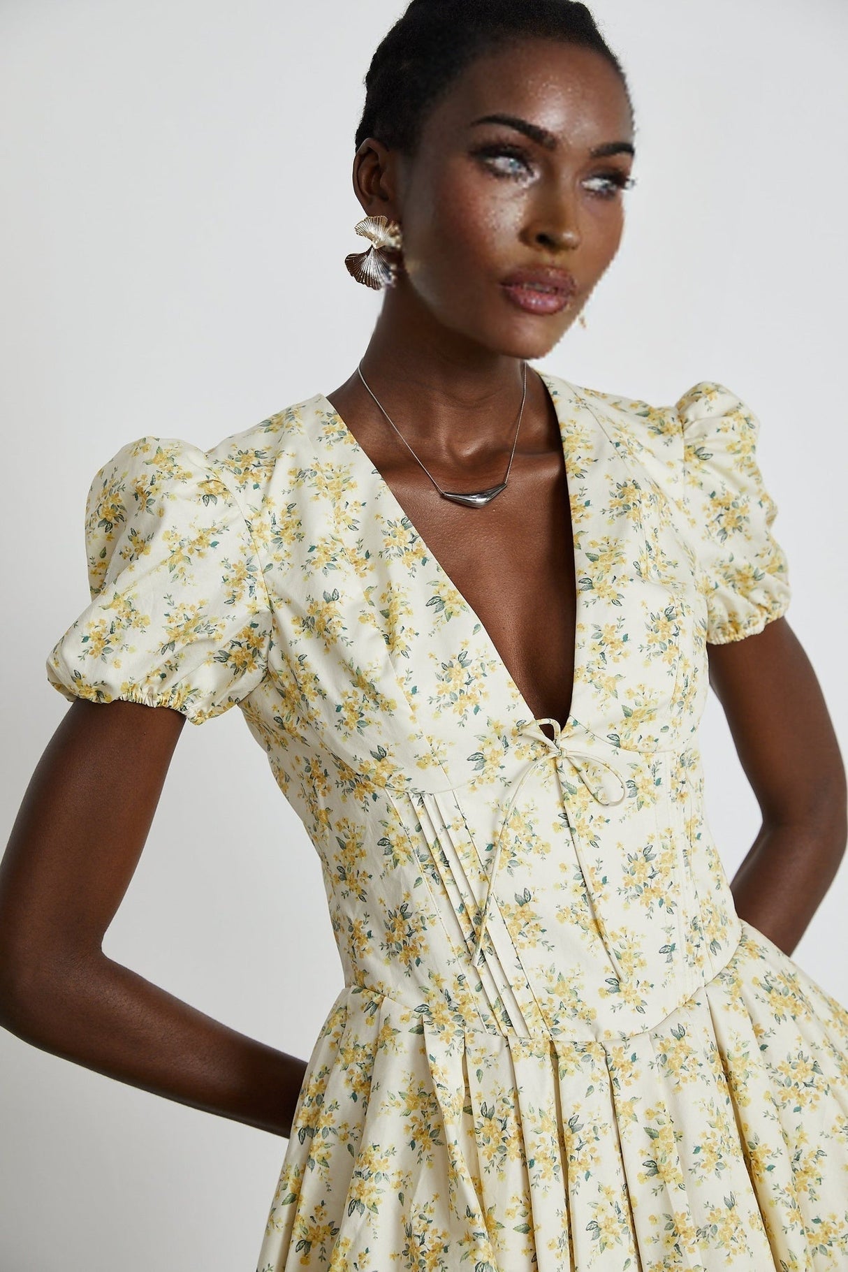 Ermione Mini Dress - V - neck Floral Cinched Waist Pleated Layers Zip Closure Chic Mini Length