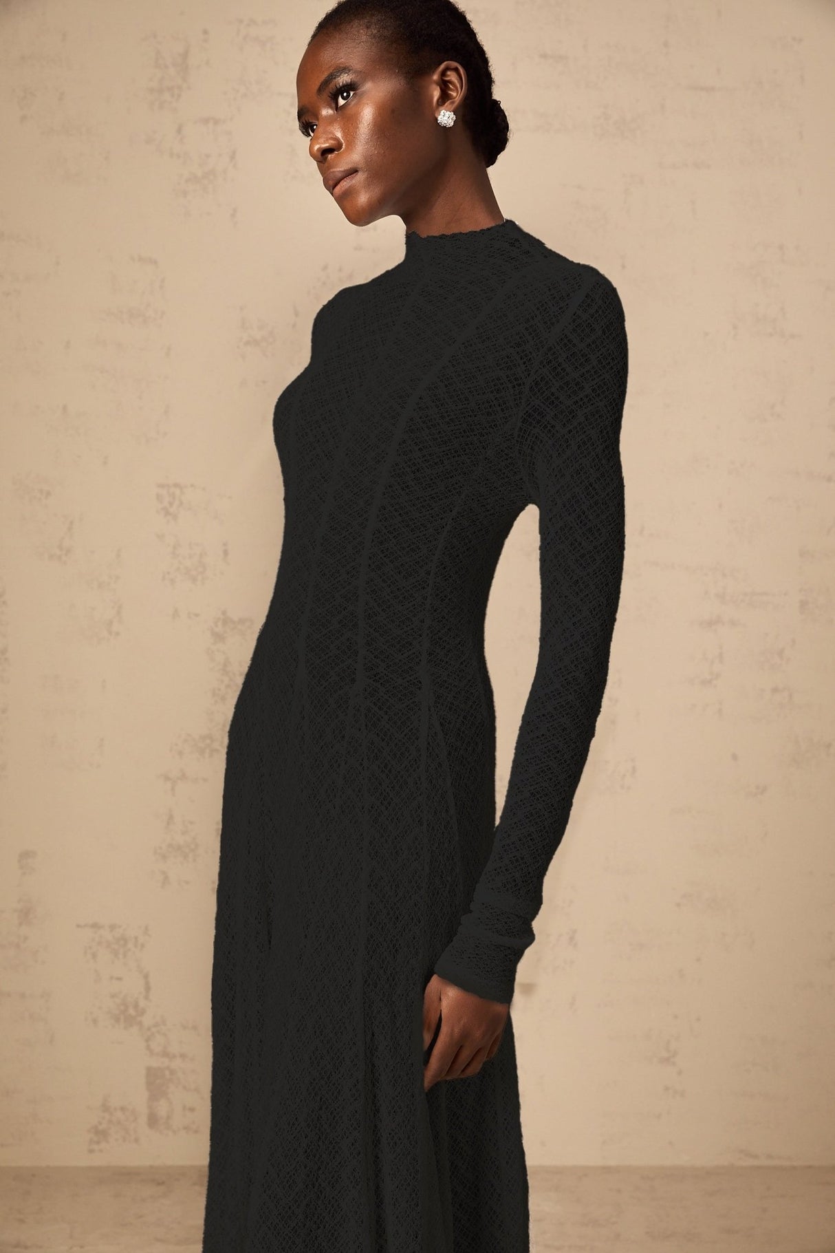 Esme Maxi Dress - Long Sleeves - Crew Neck - Lace Overlay with Wavy Pattern - Pleated Detailing with Rear Zip Fastening