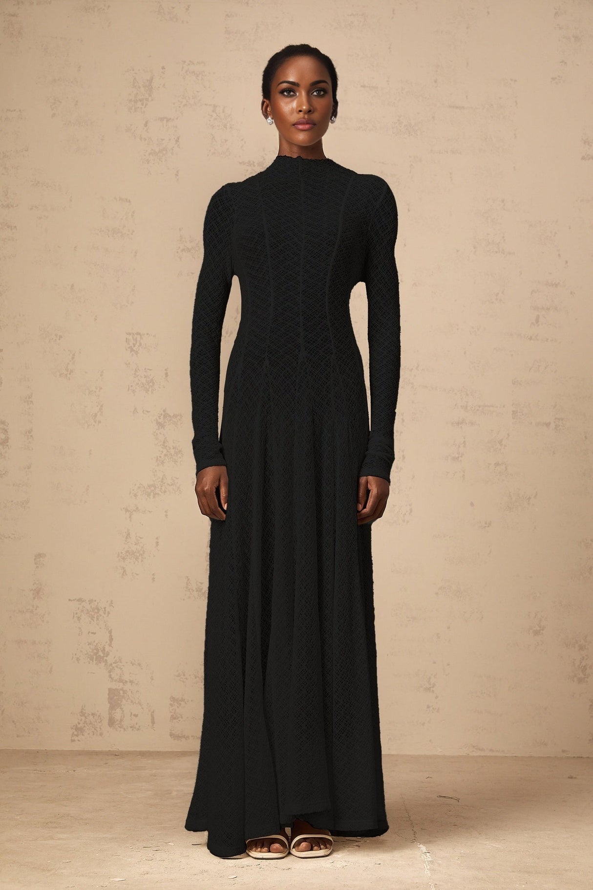 Esme Maxi Dress - Long Sleeves - Crew Neck - Lace Overlay with Wavy Pattern - Pleated Detailing with Rear Zip Fastening