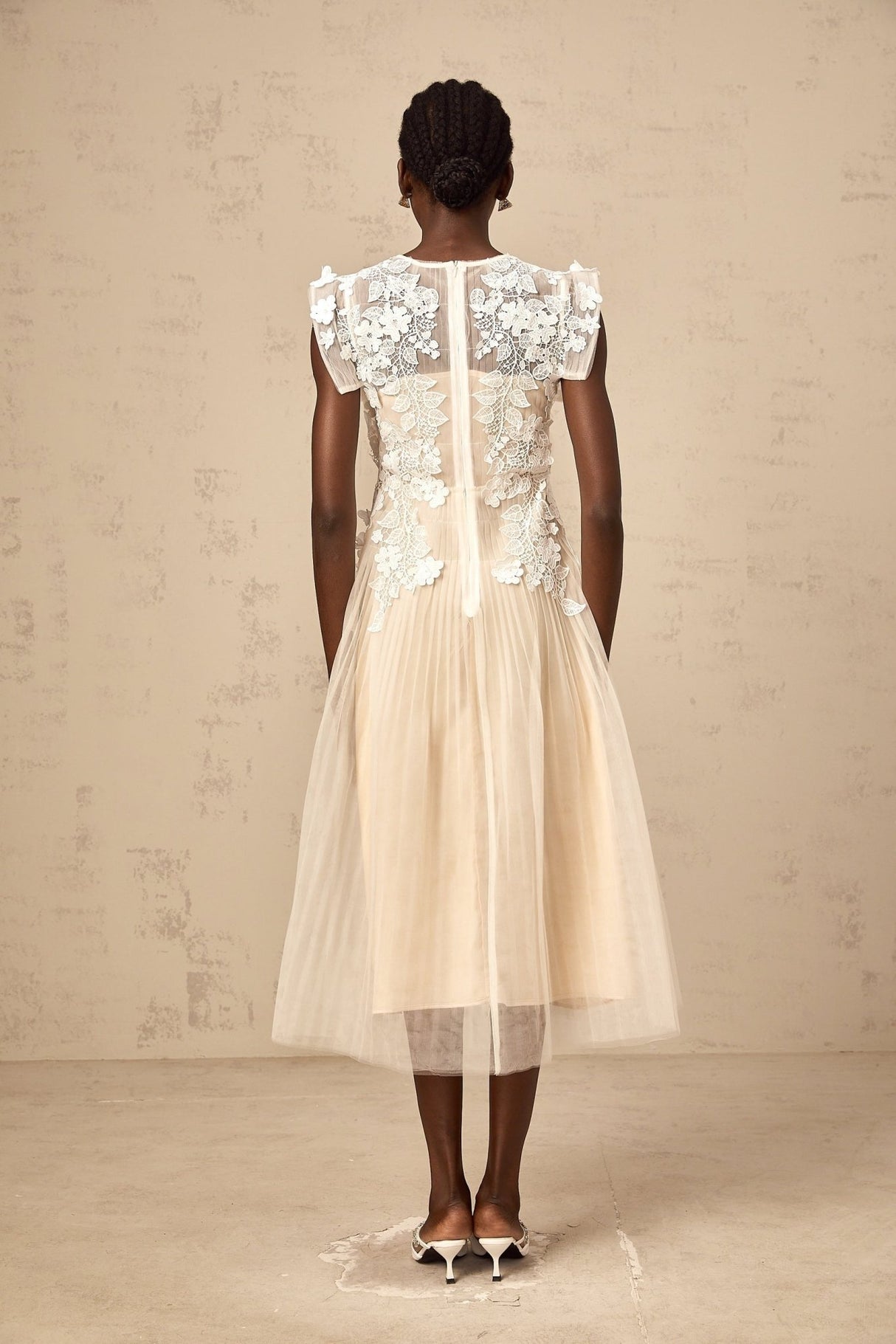 Esme Midi Dress – Sleeveless – Floral - lace Detailing – Pleated Detailing