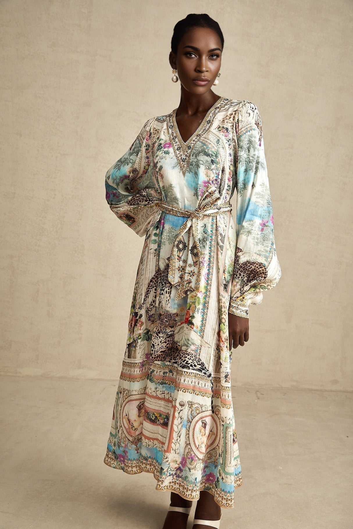 Esme Midi Dress - V - neck Design - Long Puff Sleeves - Belted Waist - Crystal Embellishments - Pattern