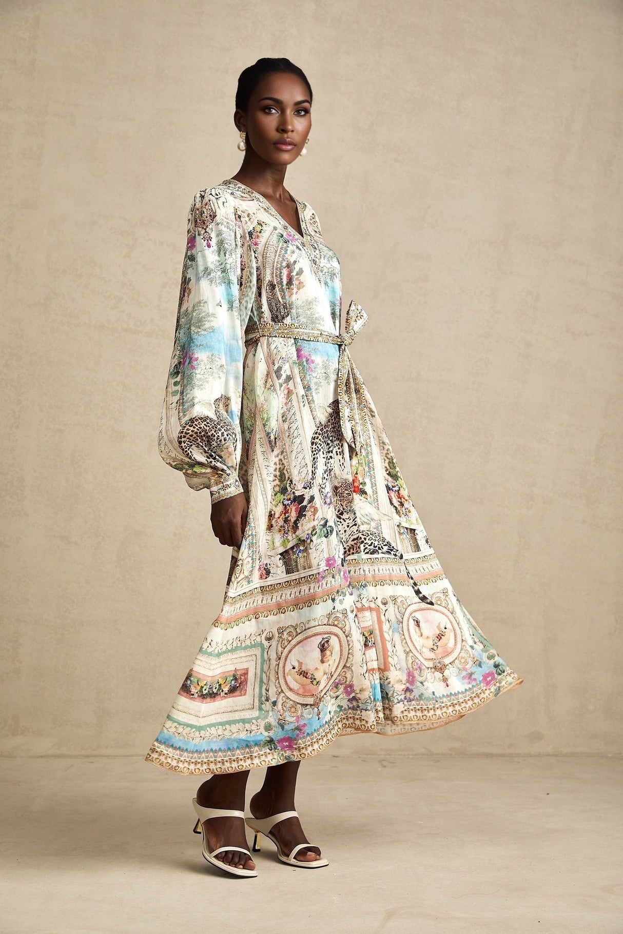 Esme Midi Dress - V - neck Design - Long Puff Sleeves - Belted Waist - Crystal Embellishments - Pattern