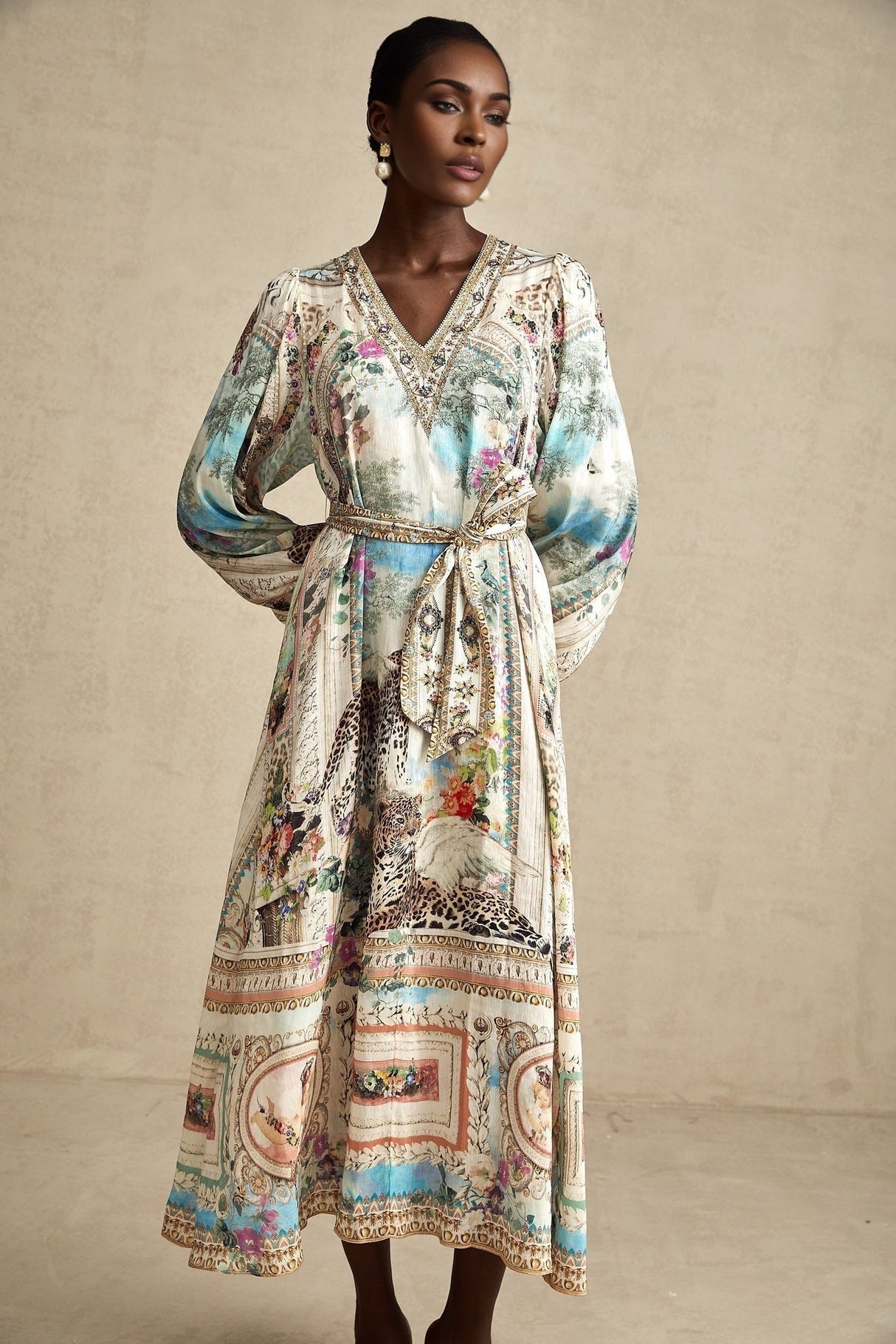 Esme Midi Dress - V - neck Design - Long Puff Sleeves - Belted Waist - Crystal Embellishments - Pattern