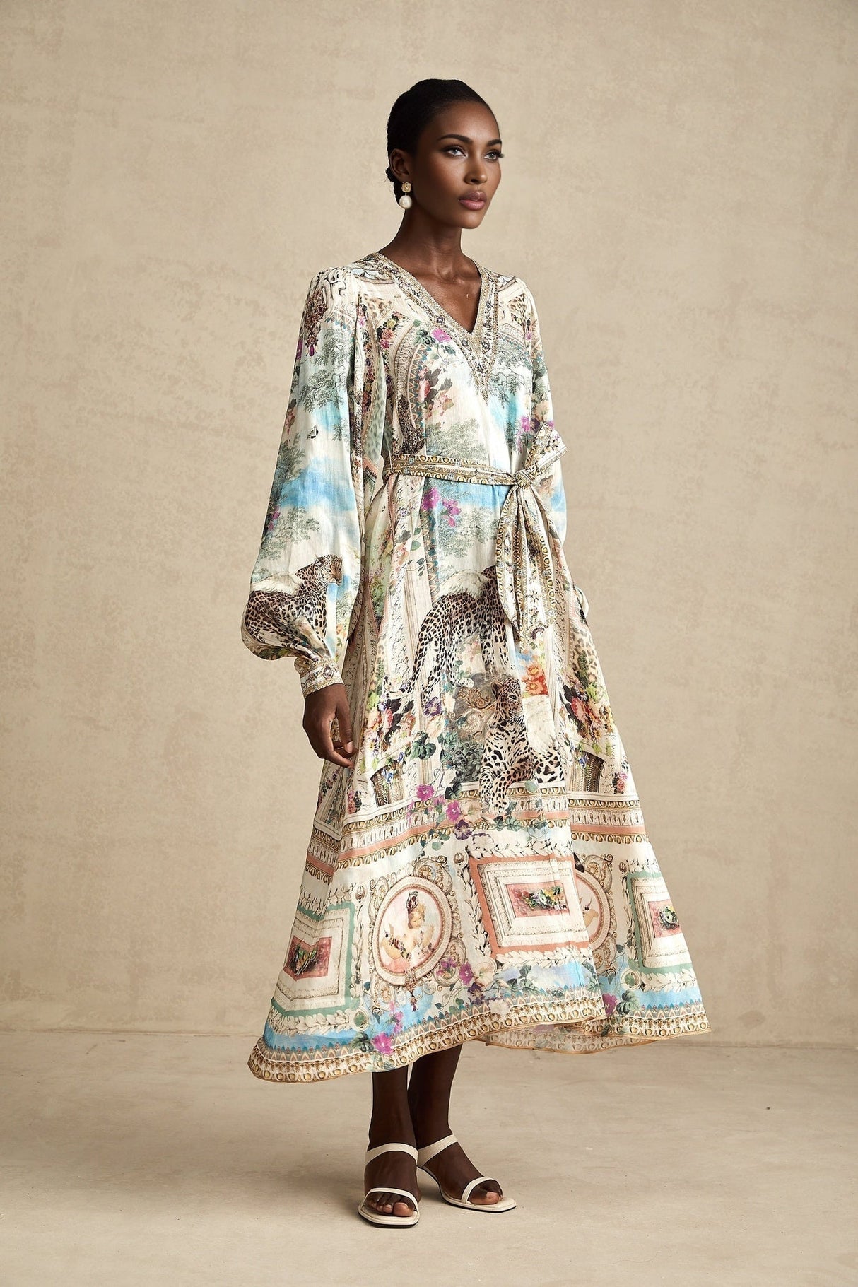 Esme Midi Dress - V - neck Design - Long Puff Sleeves - Belted Waist - Crystal Embellishments - Pattern