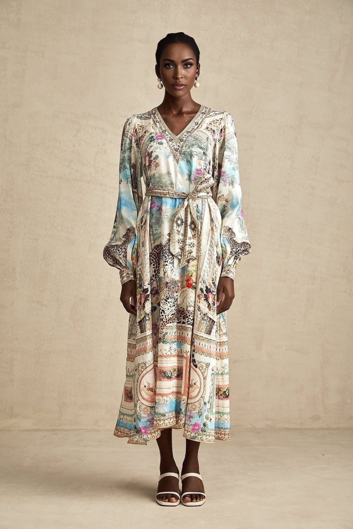 Esme Midi Dress - V - neck Design - Long Puff Sleeves - Belted Waist - Crystal Embellishments - Pattern