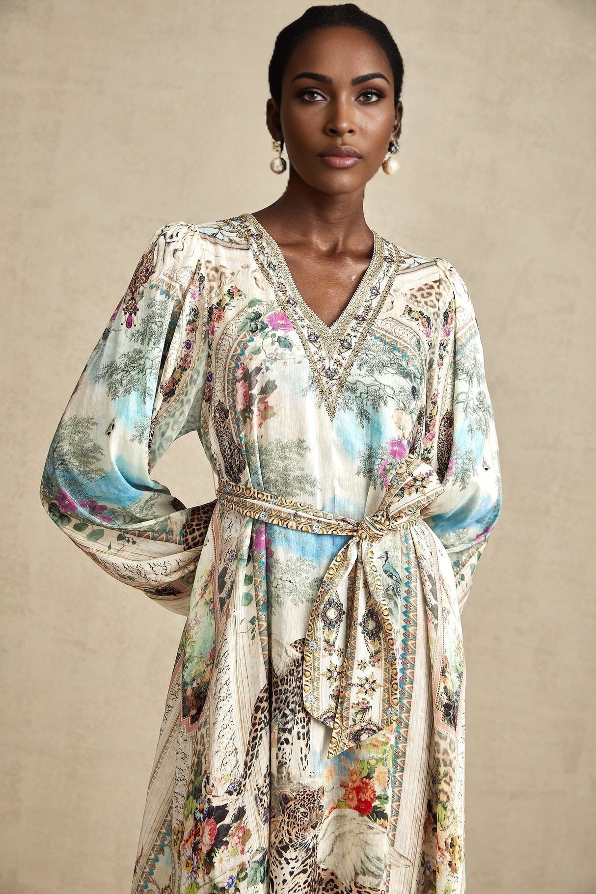 Esme Midi Dress - V - neck Design - Long Puff Sleeves - Belted Waist - Crystal Embellishments - Pattern