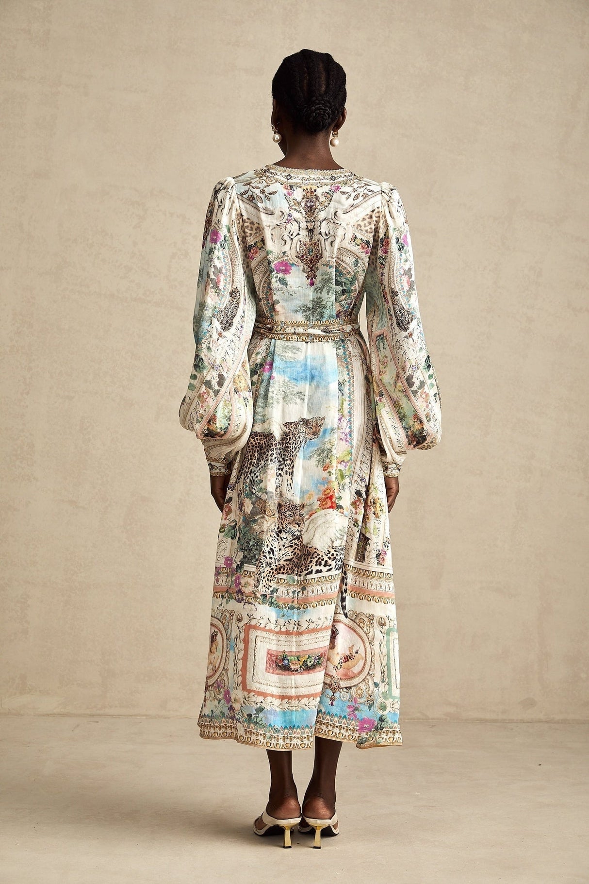 Esme Midi Dress - V - neck Design - Long Puff Sleeves - Belted Waist - Crystal Embellishments - Pattern
