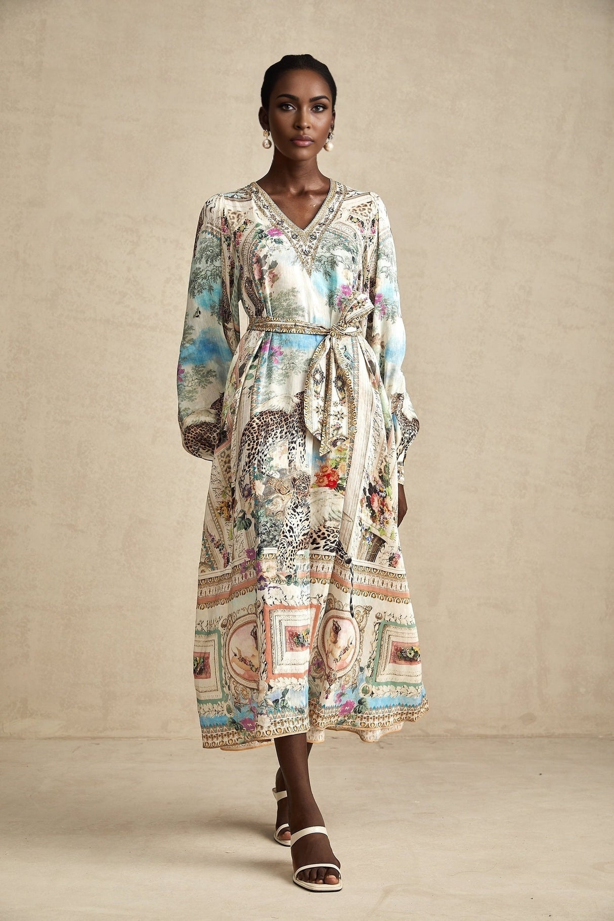 Esme Midi Dress - V - neck Design - Long Puff Sleeves - Belted Waist - Crystal Embellishments - Pattern