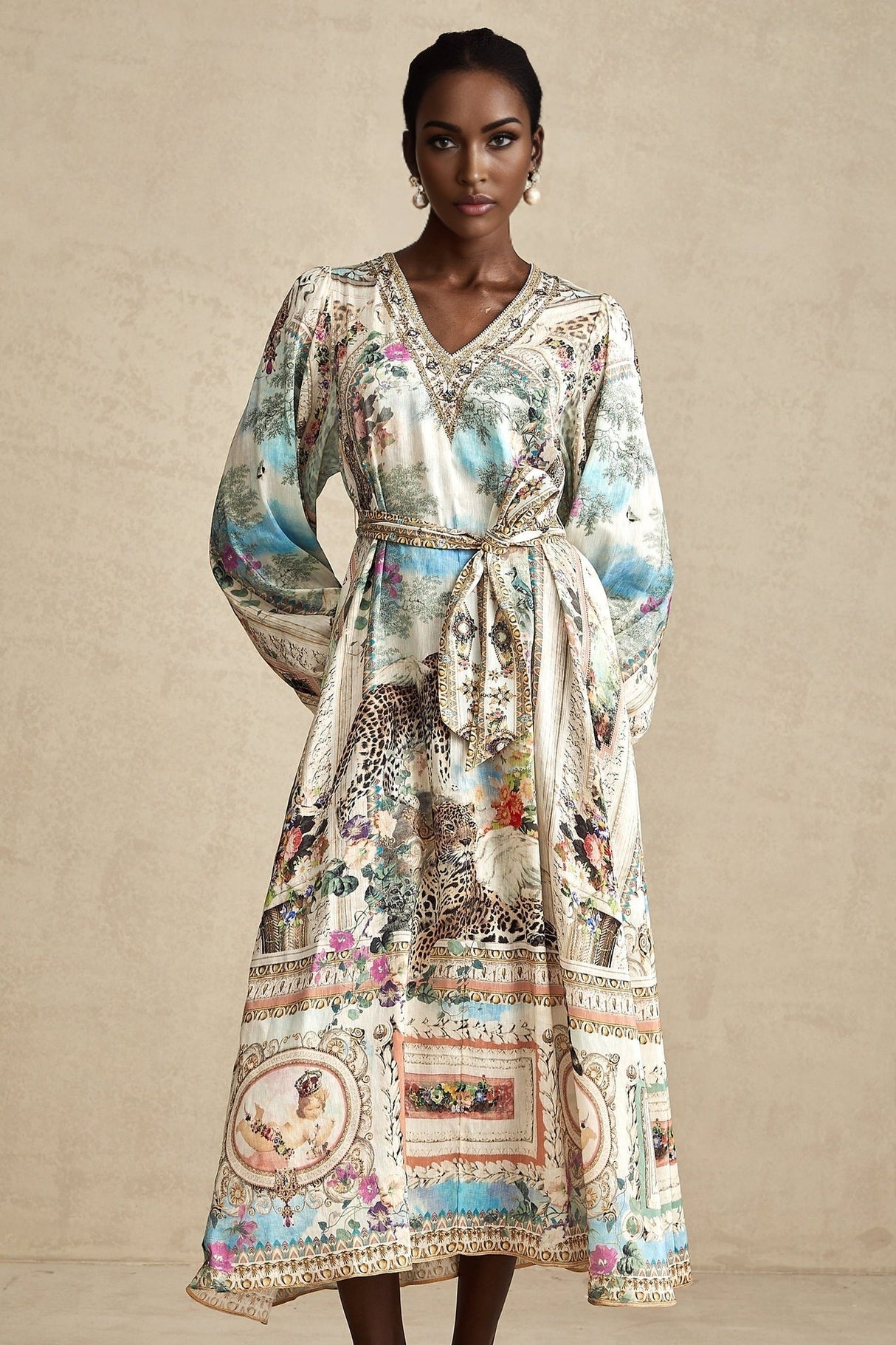 Esme Midi Dress - V - neck Design - Long Puff Sleeves - Belted Waist - Crystal Embellishments - Pattern