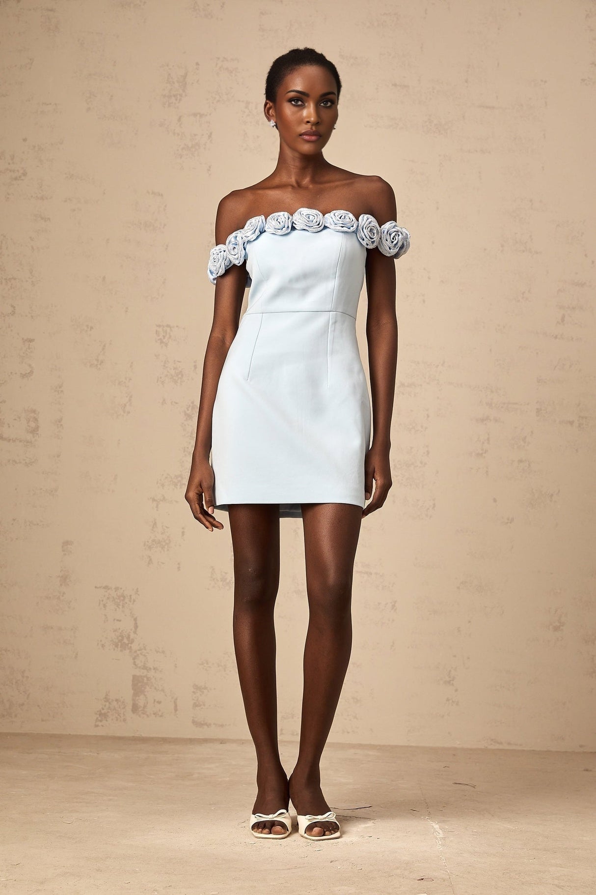 Esme Mini Dress - Off the Shoulder Design - A - Line Silhouette - Rhinestone Embellishments - Flower Appliqu