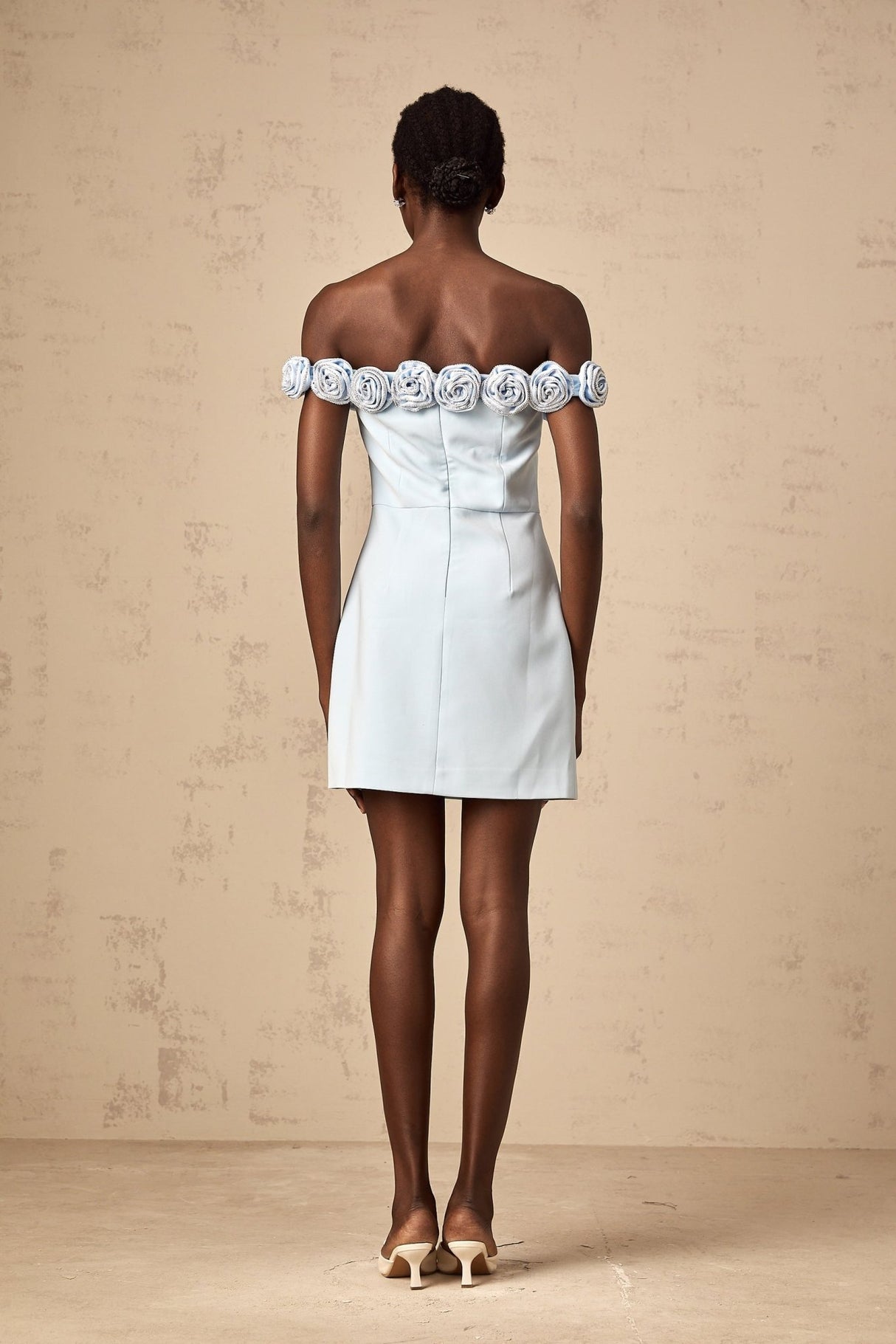 Esme Mini Dress - Off the Shoulder Design - A - Line Silhouette - Rhinestone Embellishments - Flower Appliqu