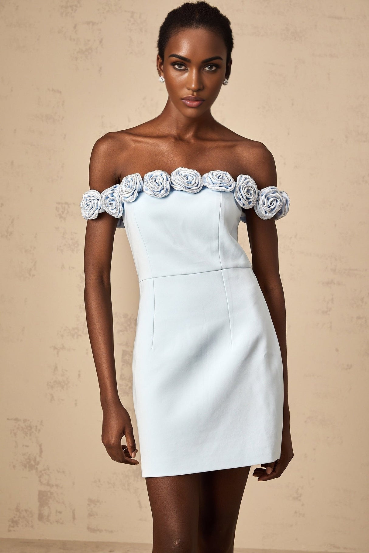 Esme Mini Dress - Off the Shoulder Design - A - Line Silhouette - Rhinestone Embellishments - Flower Appliqu