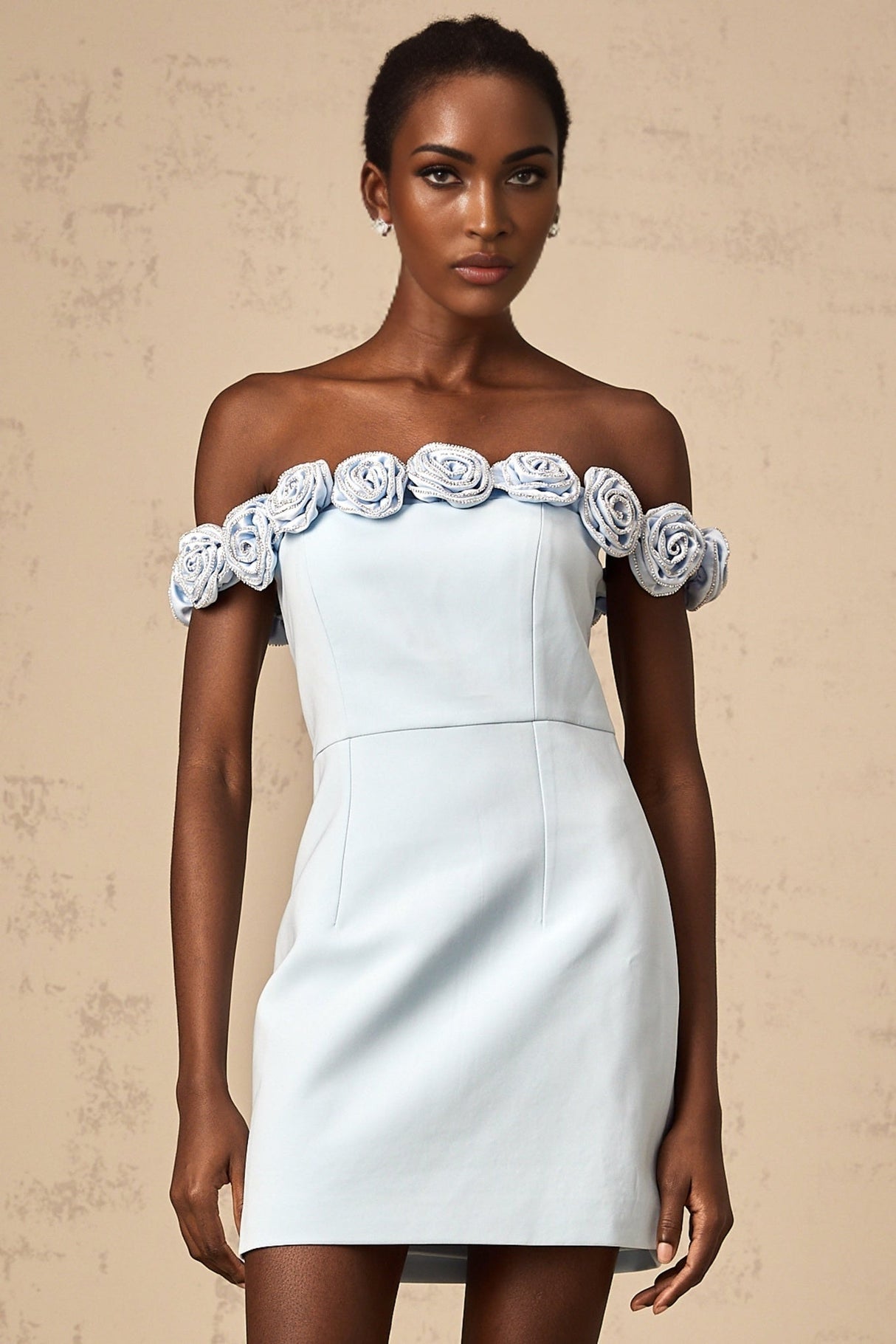 Esme Mini Dress - Off the Shoulder Design - A - Line Silhouette - Rhinestone Embellishments - Flower Appliqu