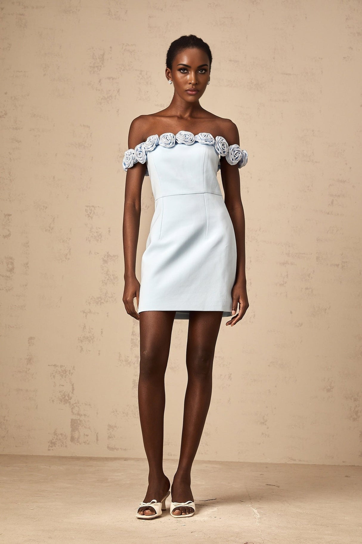 Esme Mini Dress - Off the Shoulder Design - A - Line Silhouette - Rhinestone Embellishments - Flower Appliqu