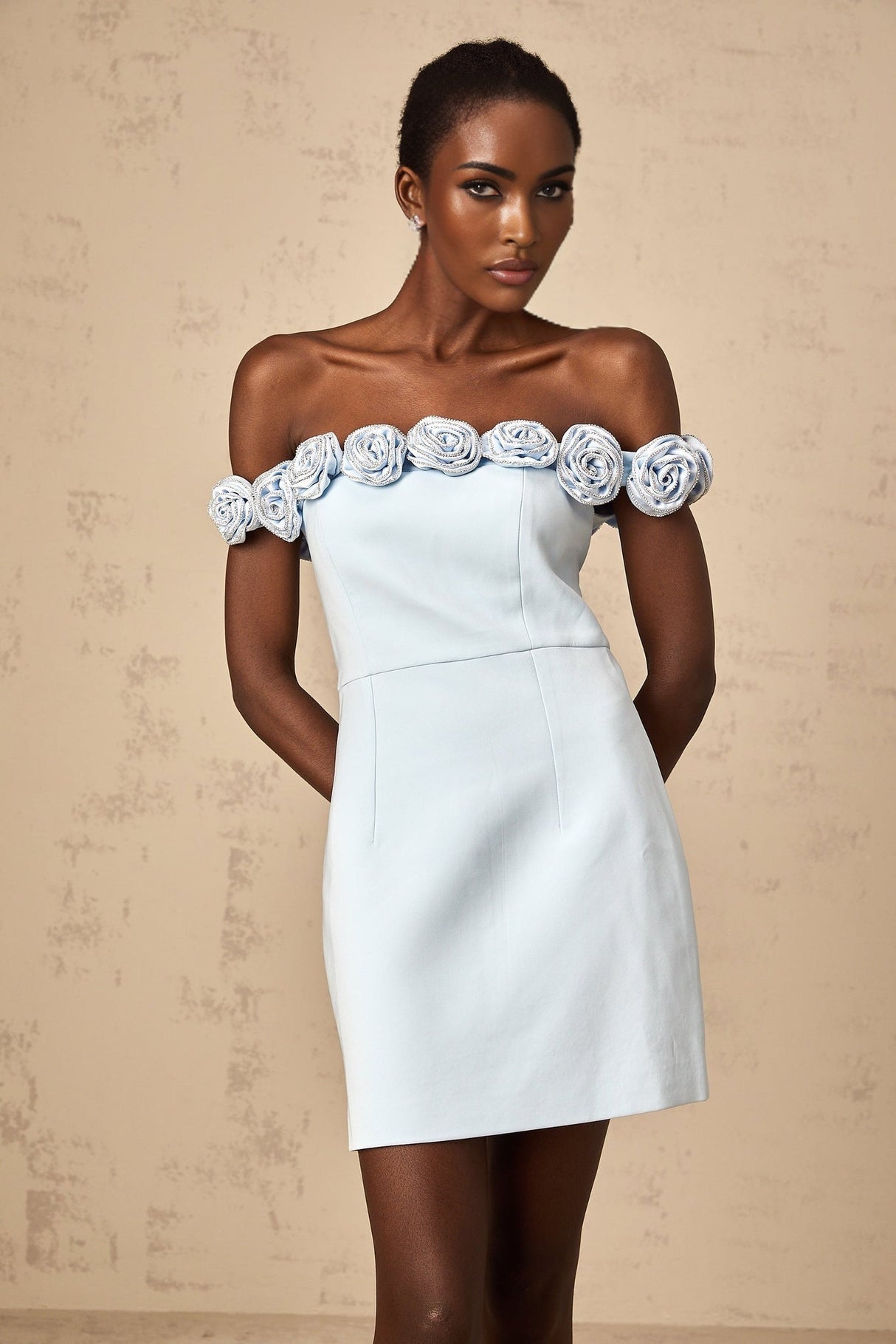 Esme Mini Dress - Off the Shoulder Design - A - Line Silhouette - Rhinestone Embellishments - Flower Appliqu