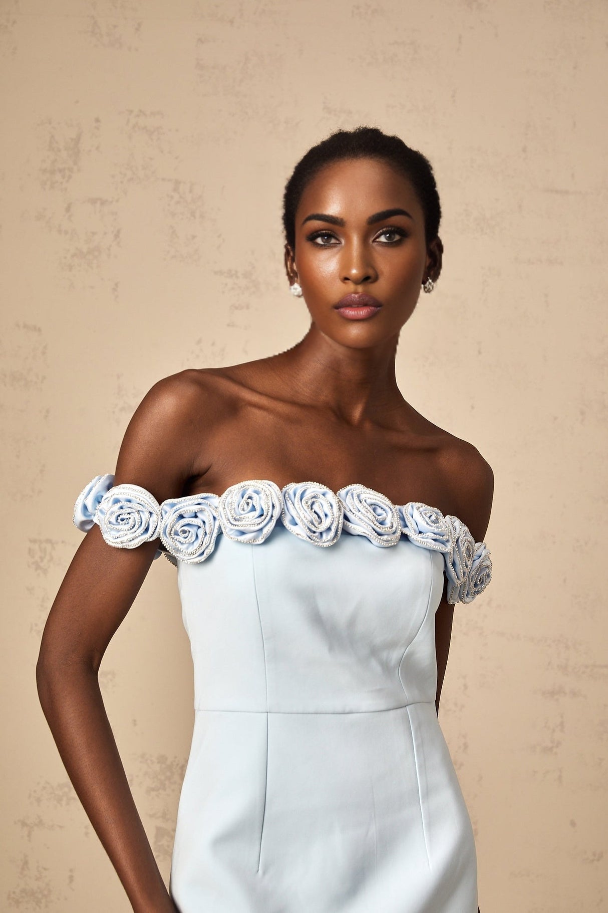 Esme Mini Dress - Off the Shoulder Design - A - Line Silhouette - Rhinestone Embellishments - Flower Appliqu