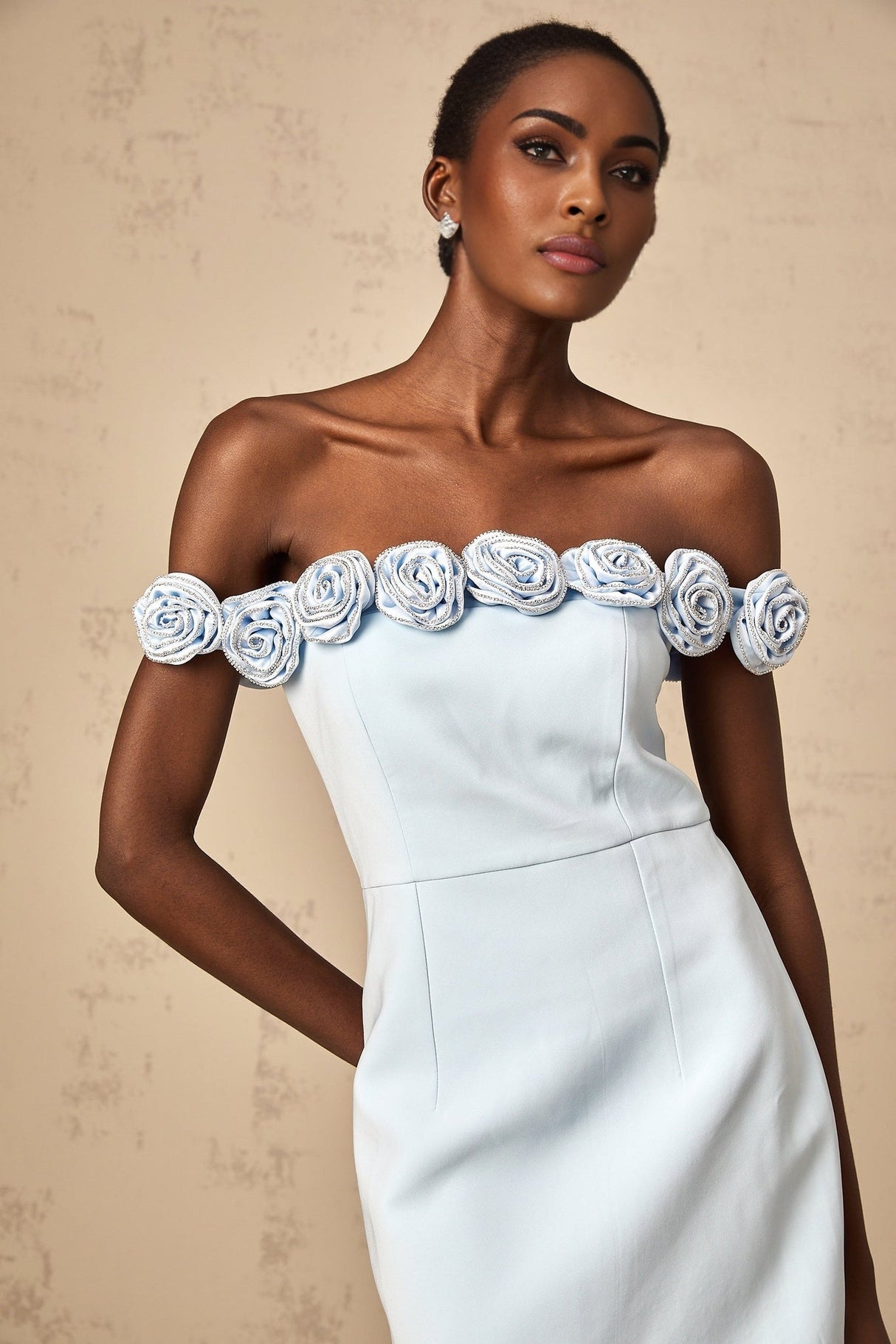 Esme Mini Dress - Off the Shoulder Design - A - Line Silhouette - Rhinestone Embellishments - Flower Appliqu