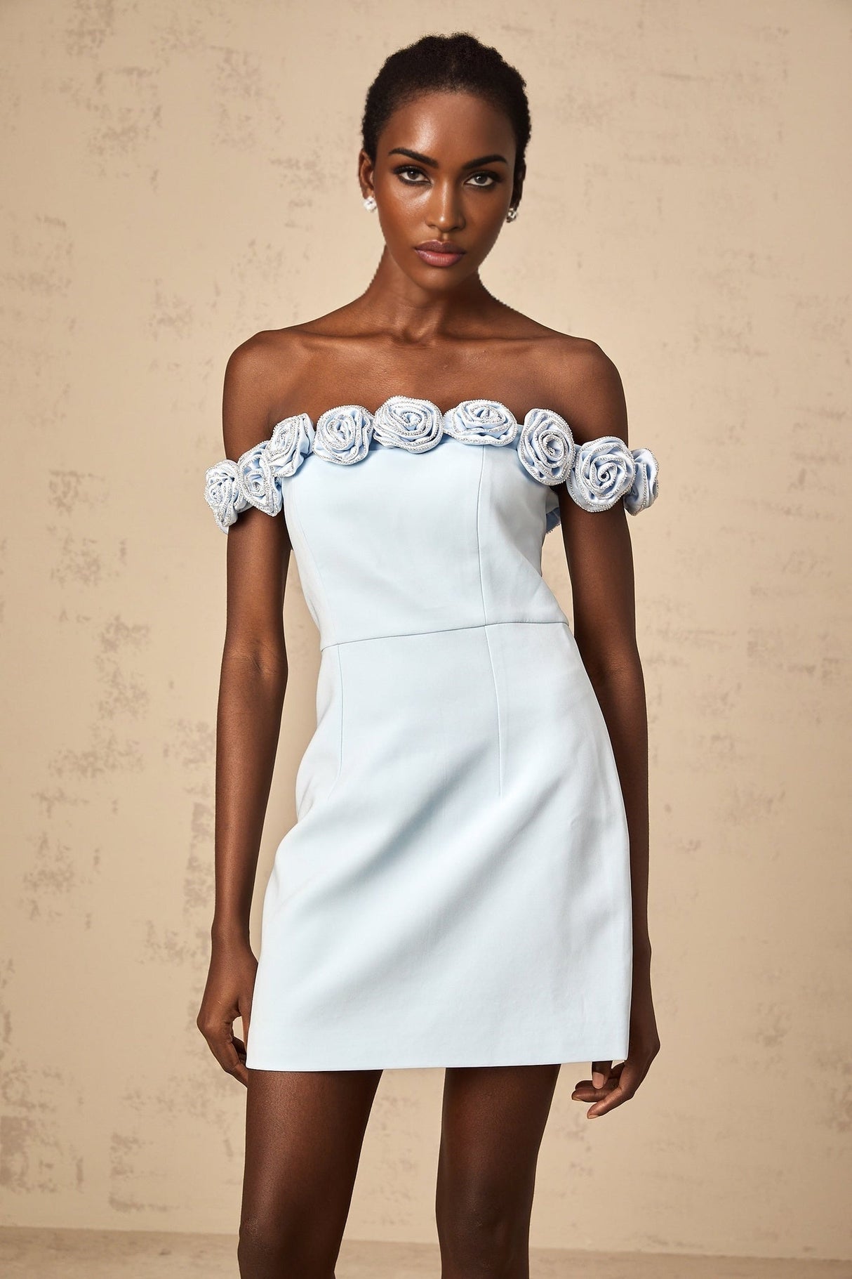 Esme Mini Dress - Off the Shoulder Design - A - Line Silhouette - Rhinestone Embellishments - Flower Appliqu