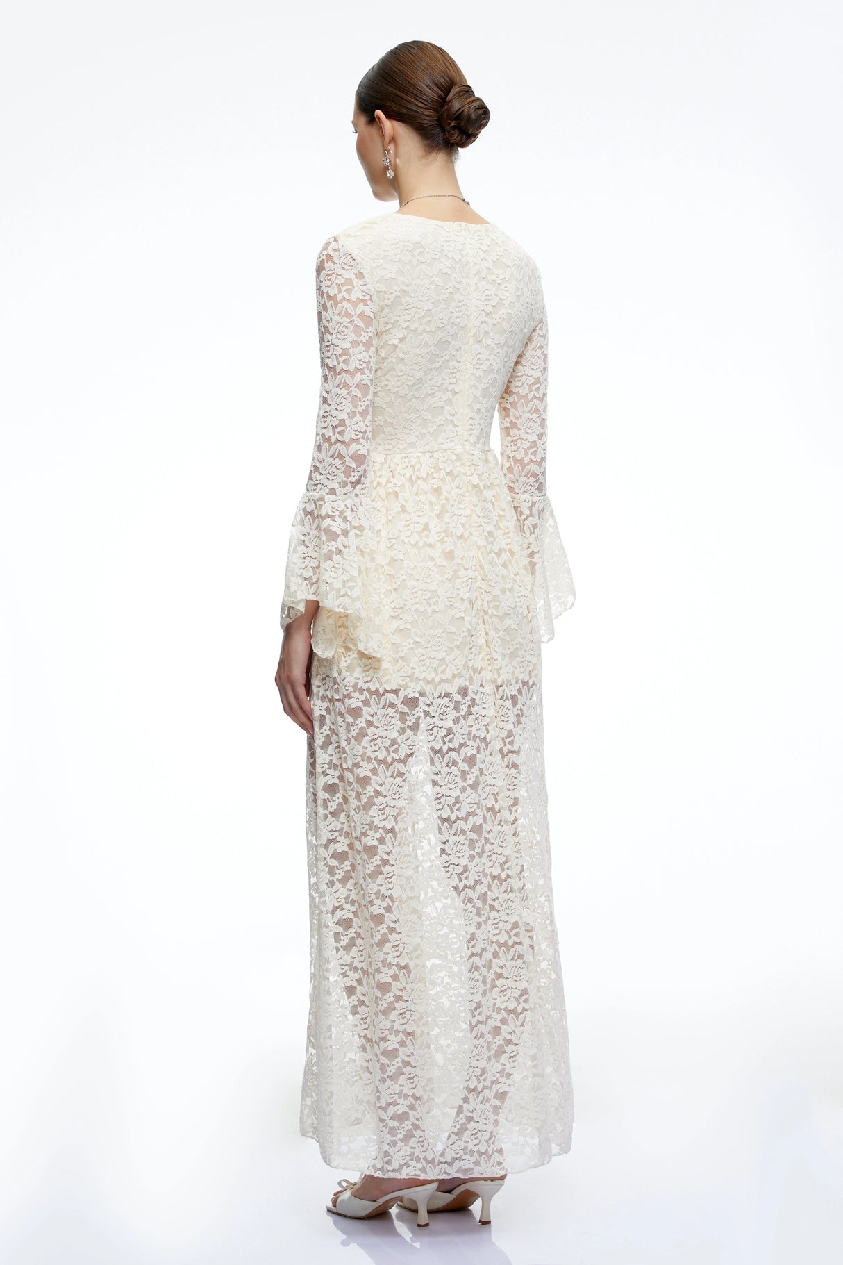 Esme Neutral Long Bell Sleeves Lace Maxi Dress
