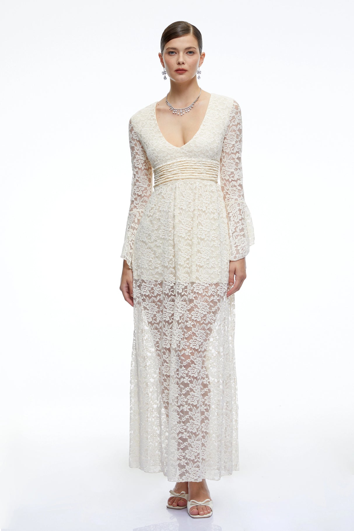 Esme Neutral Long Bell Sleeves Lace Maxi Dress