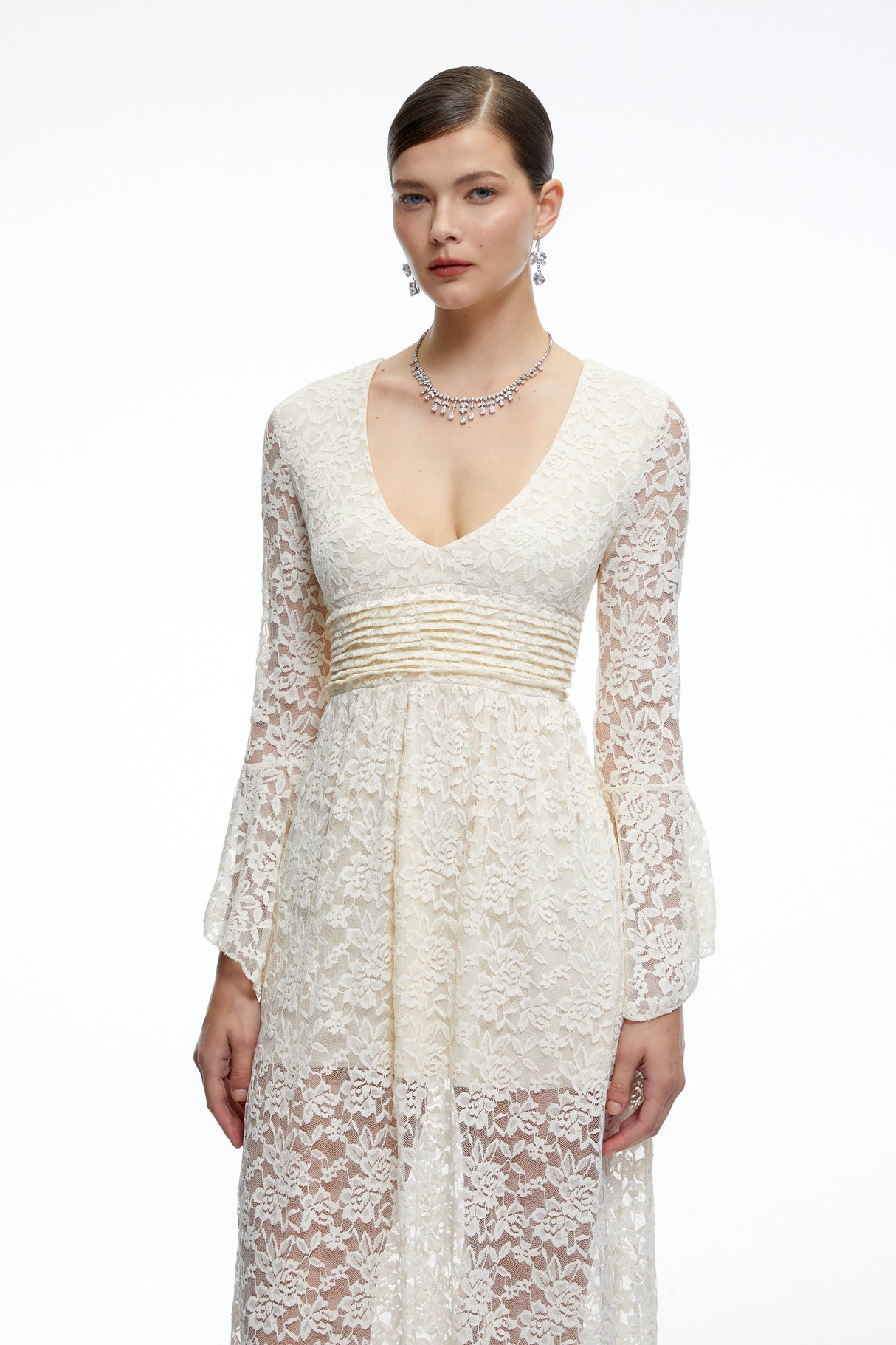Esme Neutral Long Bell Sleeves Lace Maxi Dress