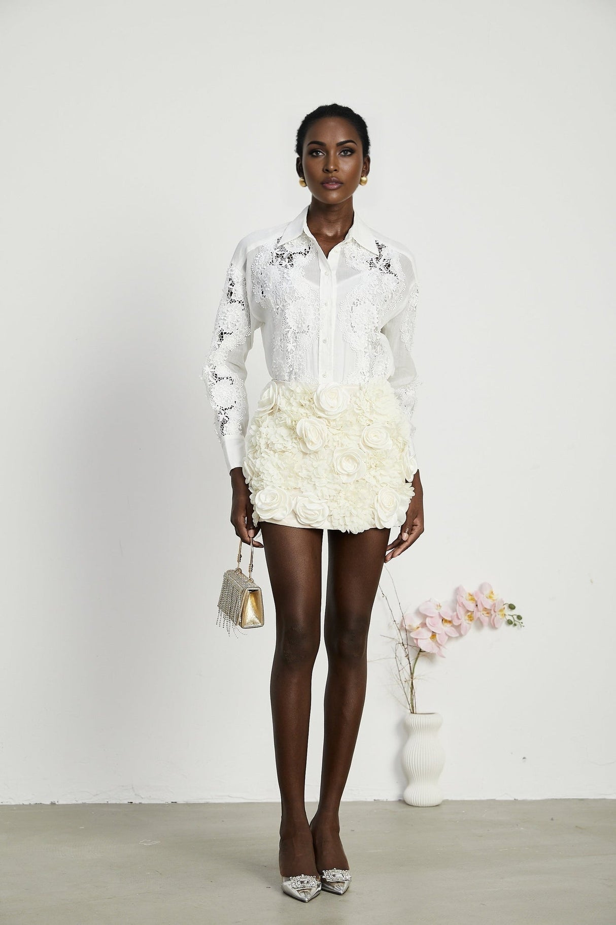 Esme Shirt - Long Sleeve - Lapel - Cut - Out Design - Lace Embroidery