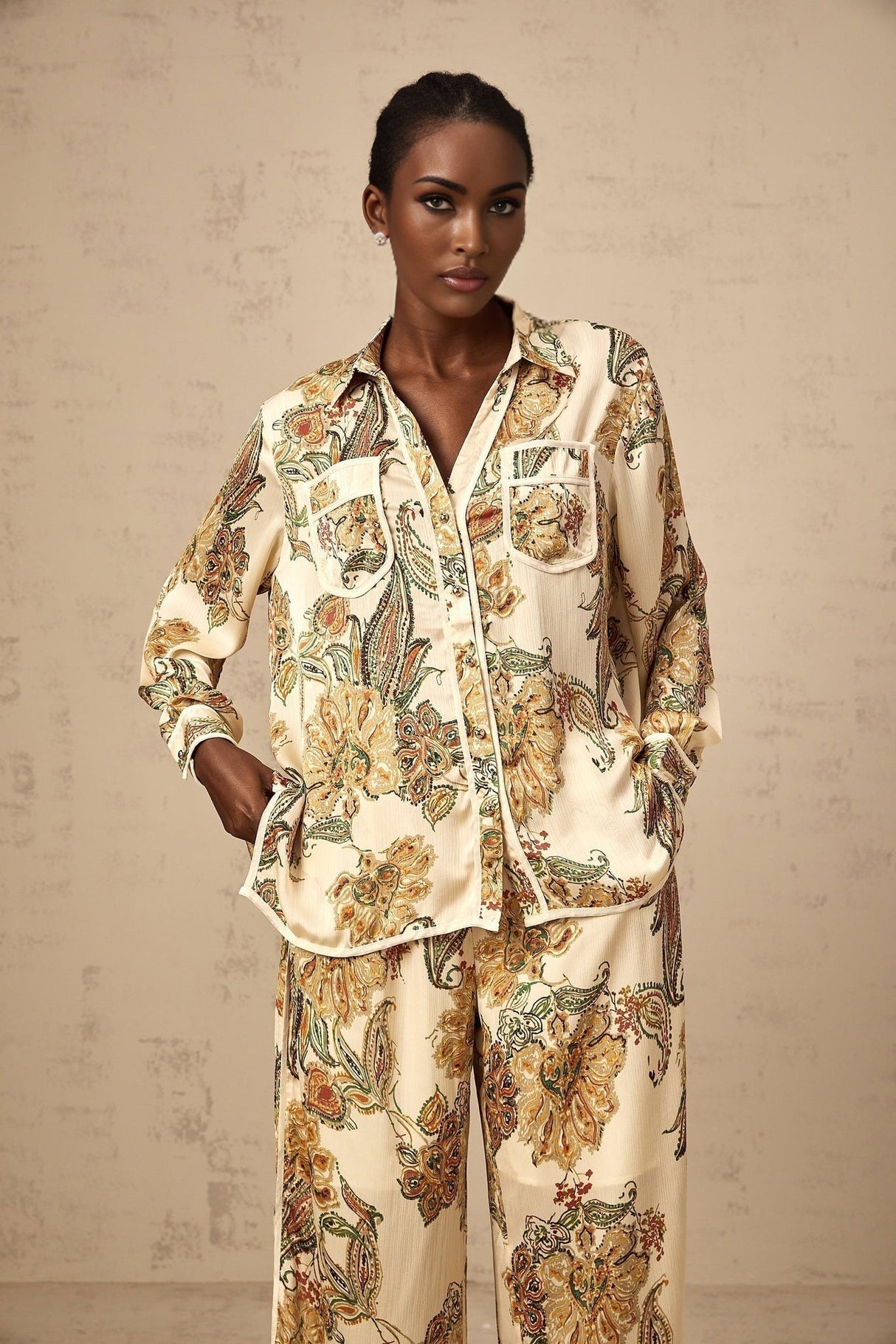 Esme Shirt & Trousers – Floral Print – Semi - Sheer – Wide Legs