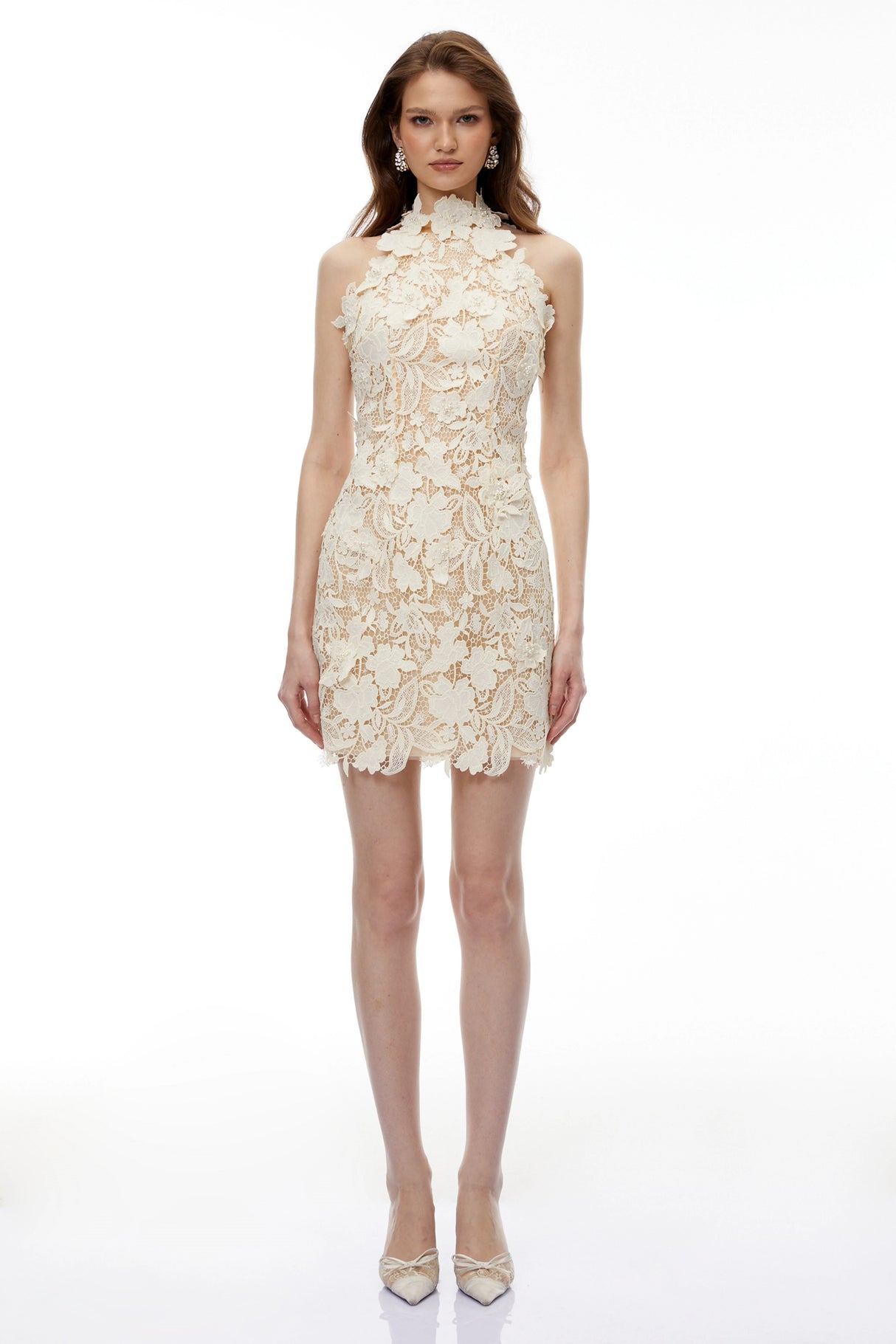 Estelle Neutral High Neck Lace Mini Dress