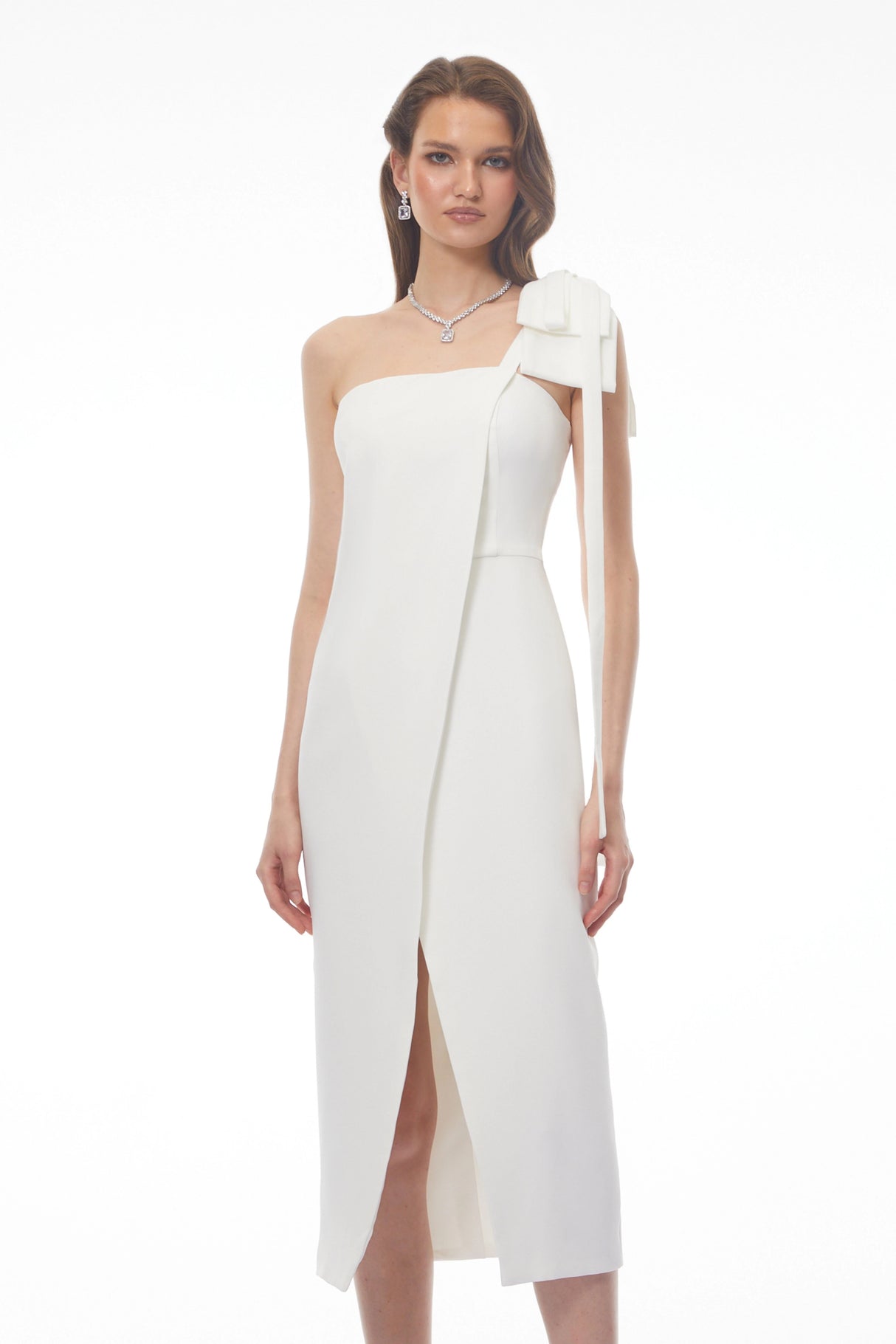 Estelle White Off Shoulder Satin Midi Dress with Bow