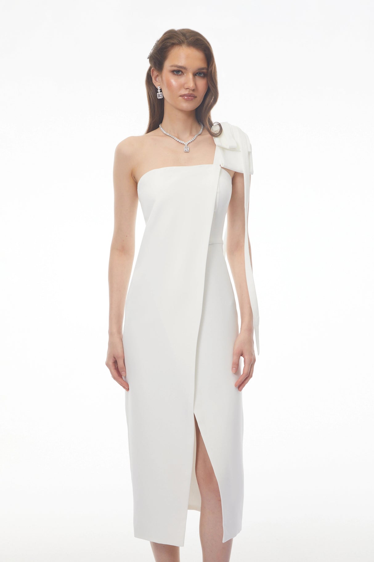 Estelle White Off Shoulder Satin Midi Dress with Bow