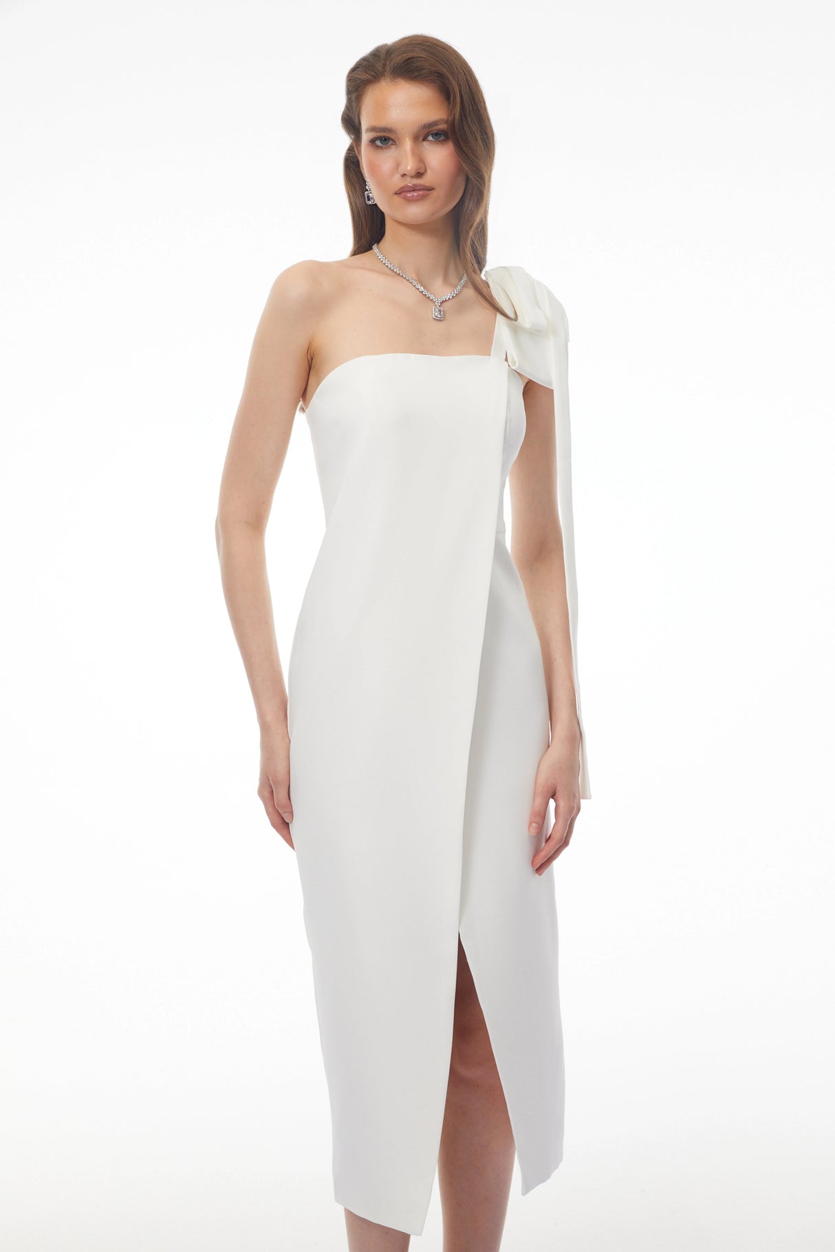 Estelle White Off Shoulder Satin Midi Dress with Bow