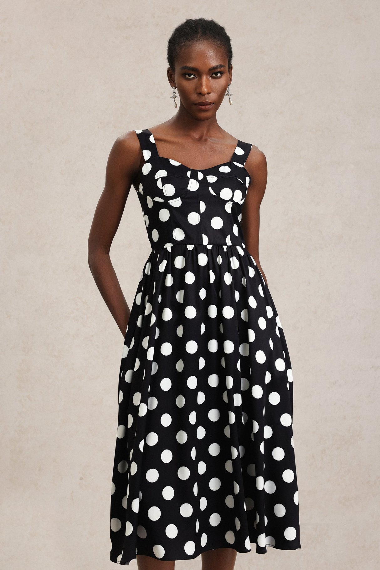 Ester Black Dotted Midi Dress with Delicate Straps and Flattering Neckline