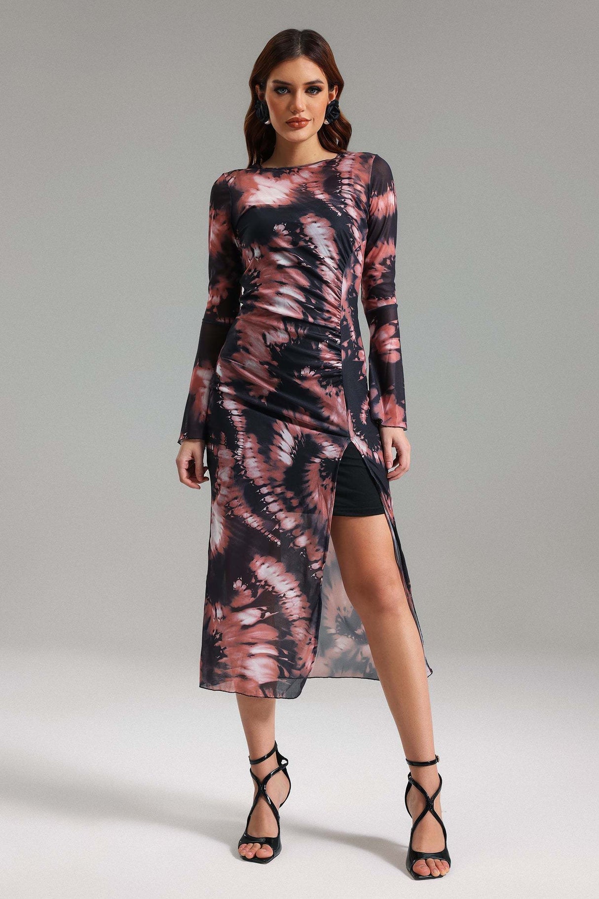 Ester Black Printed Slit Midi Dress