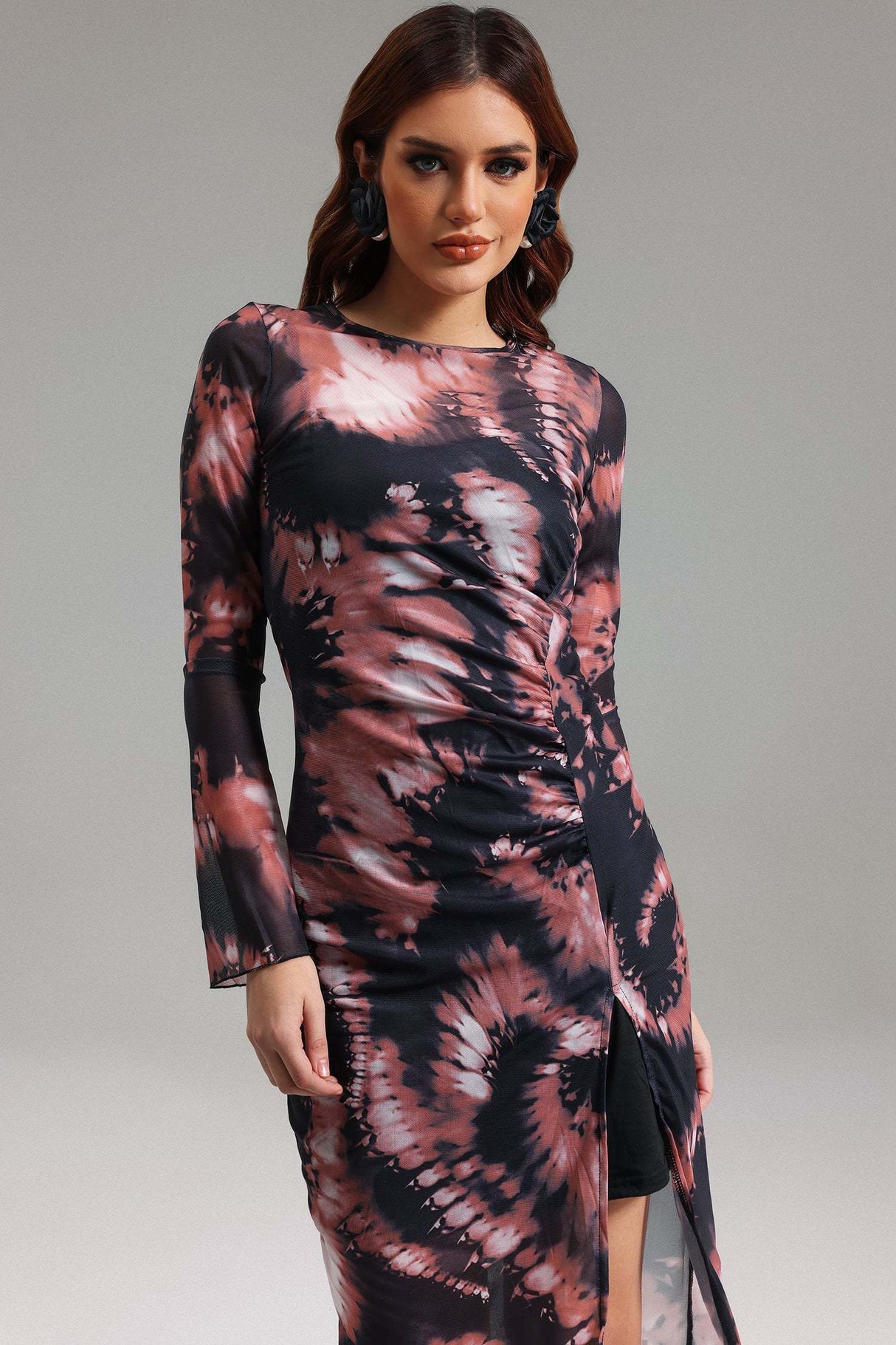 Ester Black Printed Slit Midi Dress
